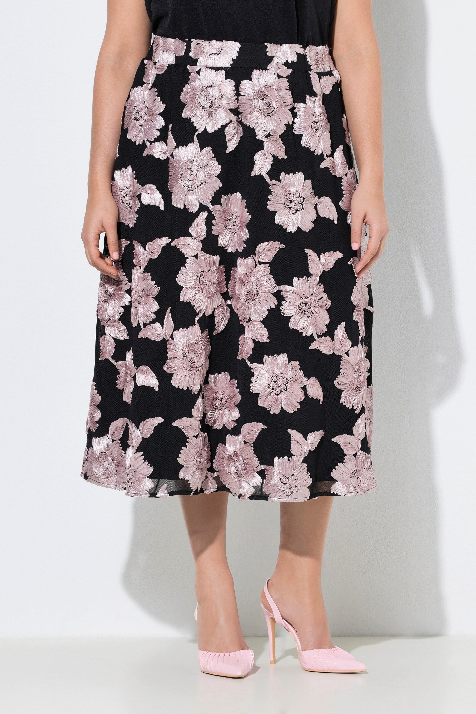 Ulla Popken Maxirock Midirock Blüten-Applikationen A-Linie Elastikbund