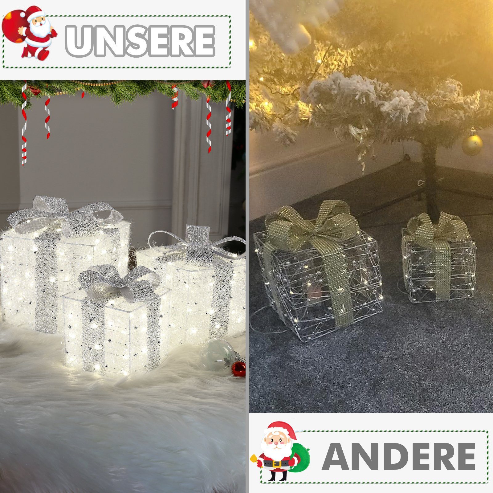 Elegear Weihnachtsfigur 3er Set LED Geschenkbox Weihnachten, Weihnachtsdeko mit Stecker, Timer (3 St), 60 warmweiße LEDs, Weihnachtsbeleuchtung für Baum, Fenster & Innen