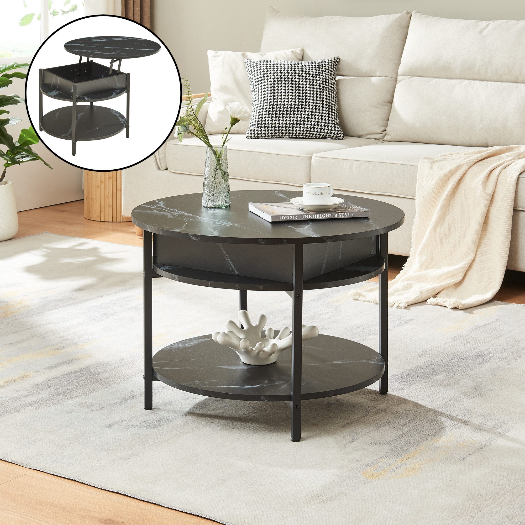 en.casa Couchtisch, »Kandas« mit Hebeplatte rund 70 x 49 cm Marmoroptik, sc günstig online kaufen
