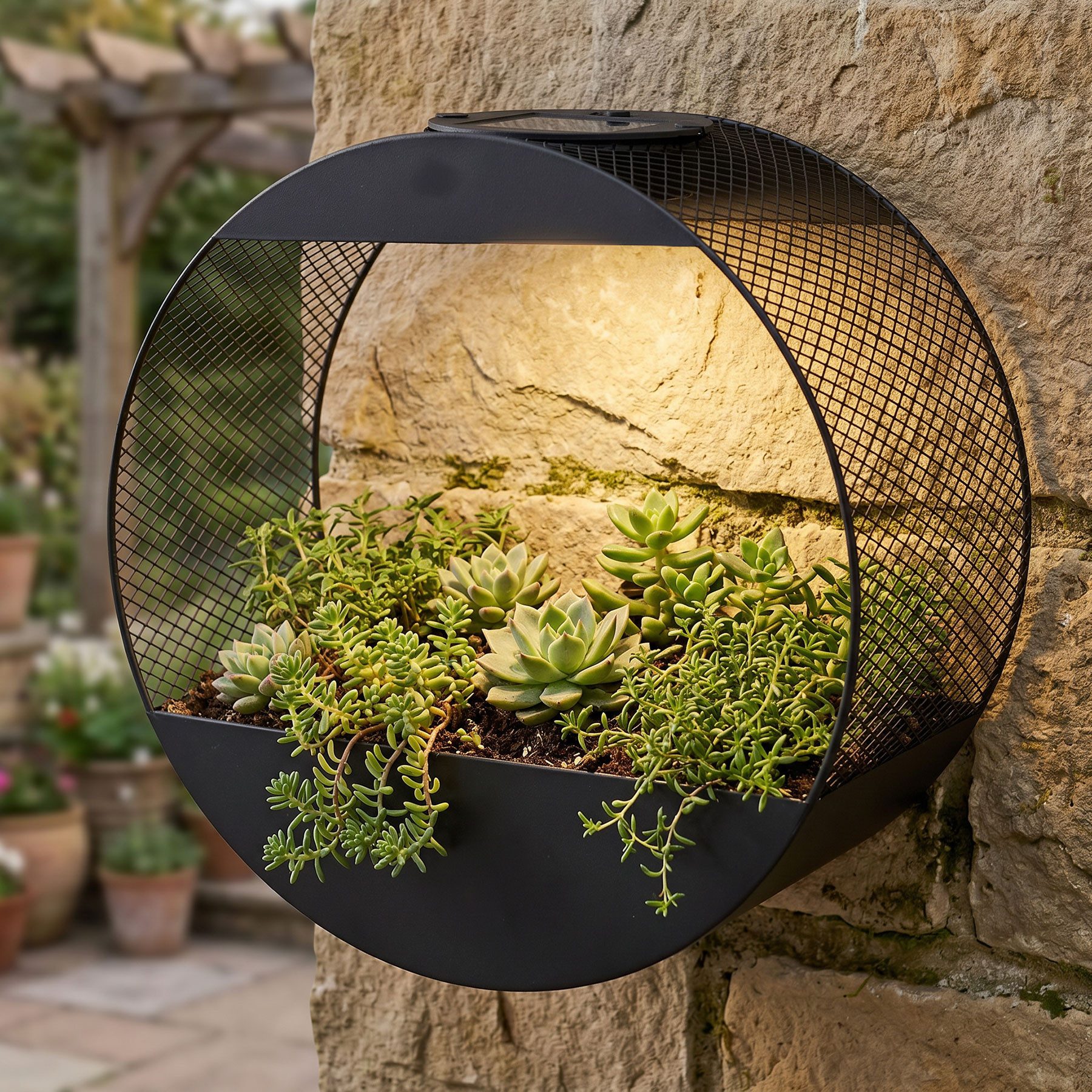 Levandeo® LED Solarleuchte Solar Wandlampe Blumentopf Metall Schwarz - LED Gartenleuchte Industri, warmweiß