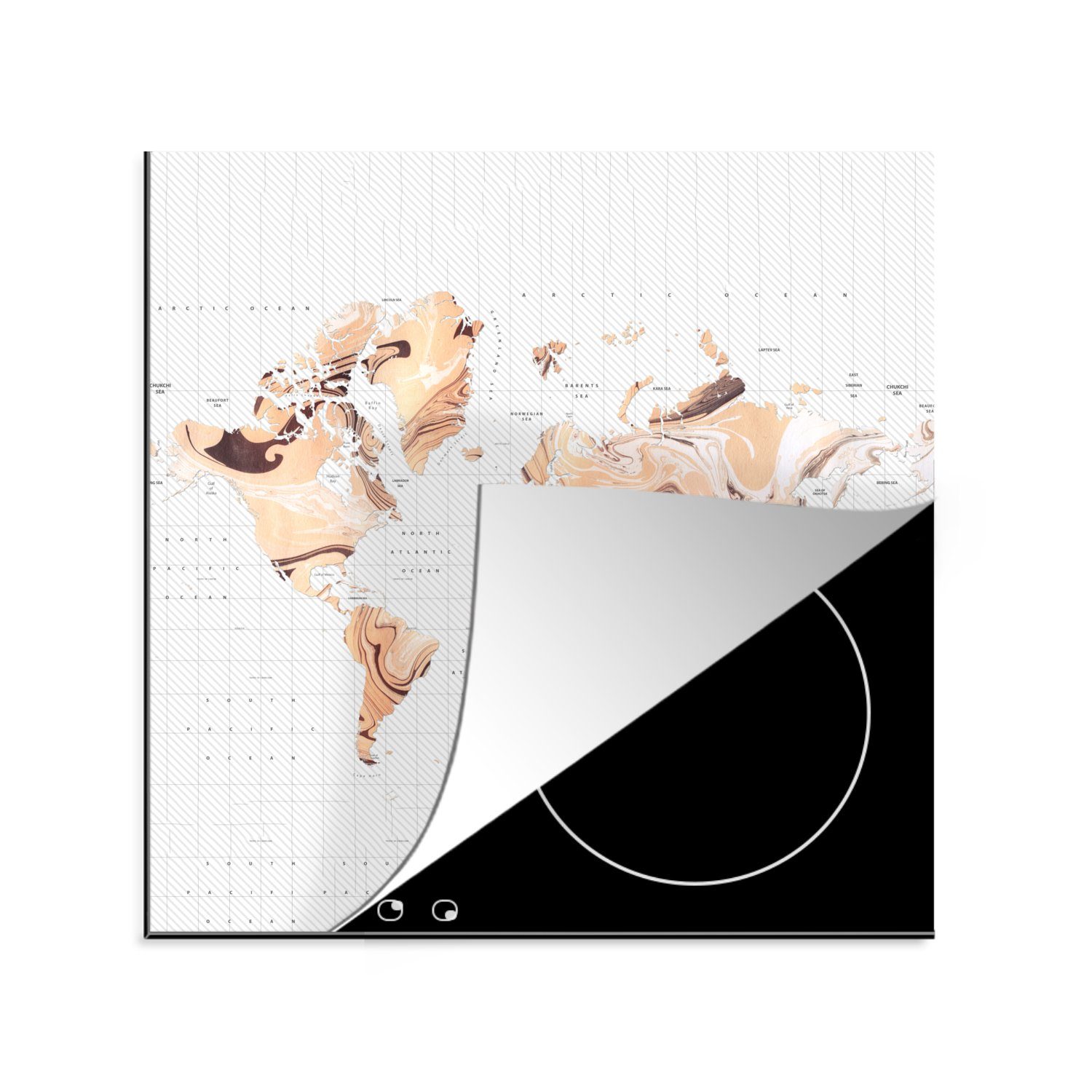 MuchoWow Herdblende-/Abdeckplatte Weltkarte - Orange - Braun, Vinyl, (1 tlg), 78x78 cm, Ceranfeldabdeckung, Arbeitsplatte für küche | Herdabdeckplatten