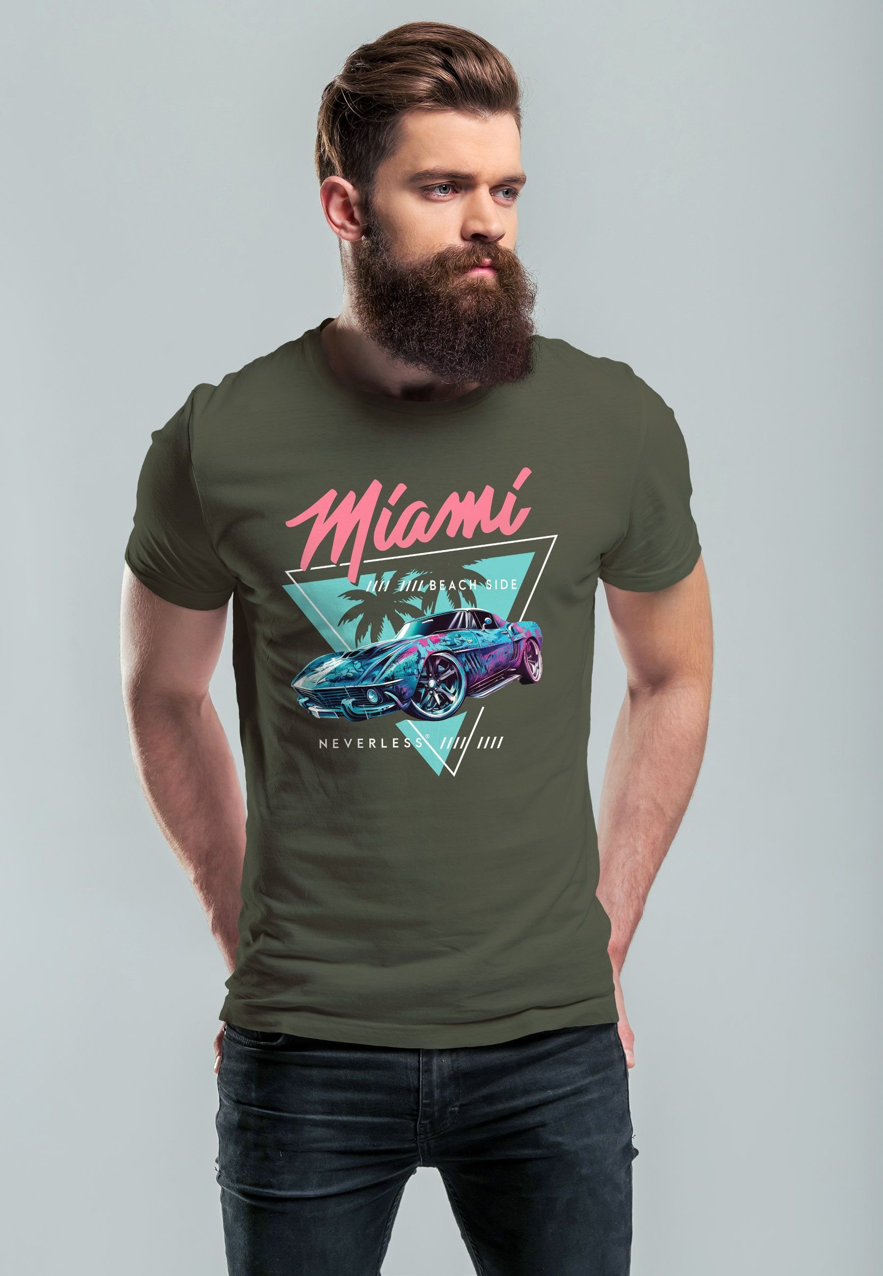 mit Print-Shirt USA Motiv Print Neverless Retro army Miami Herren Bedruckt T-Shirt Automobil Surfing Beach