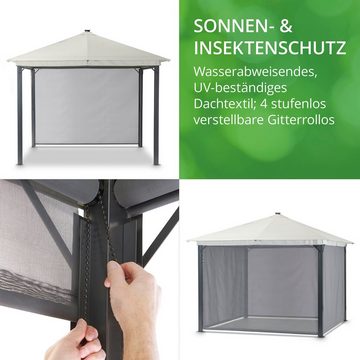 Leco Pavillon Solar LINA, mit 4 Seitenteilen, 300x300 cm, grau mit LED und Gittergewebe-Rollos