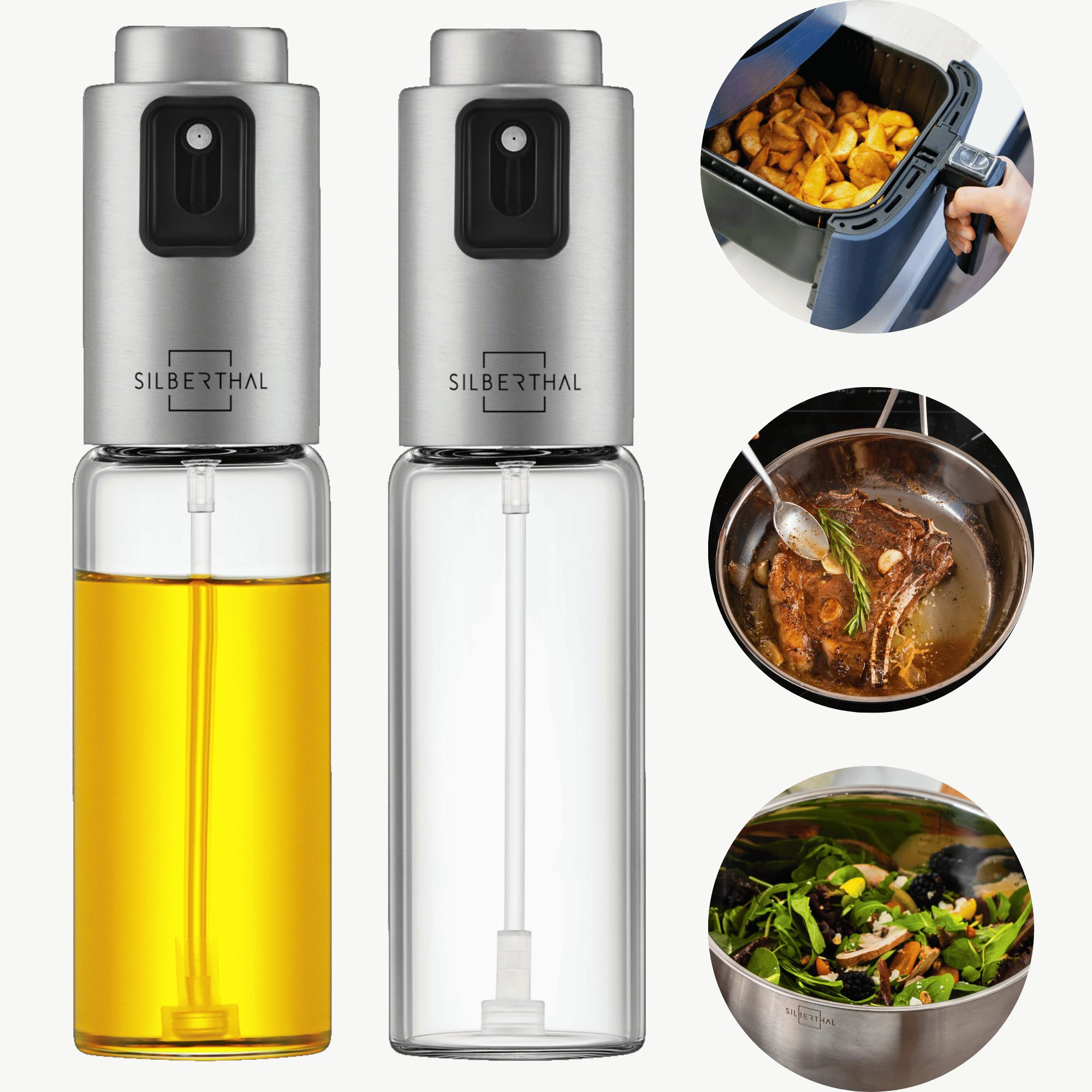 SILBERTHAL Ölspender 2 in 1 Essig- & Ölsprüher 2er Set aus Glas, je 120 ml, (2er Set, 2-tlg), 1 Sprühstoß = 1g Öl, für Öl & Essig mit Mikrofilter