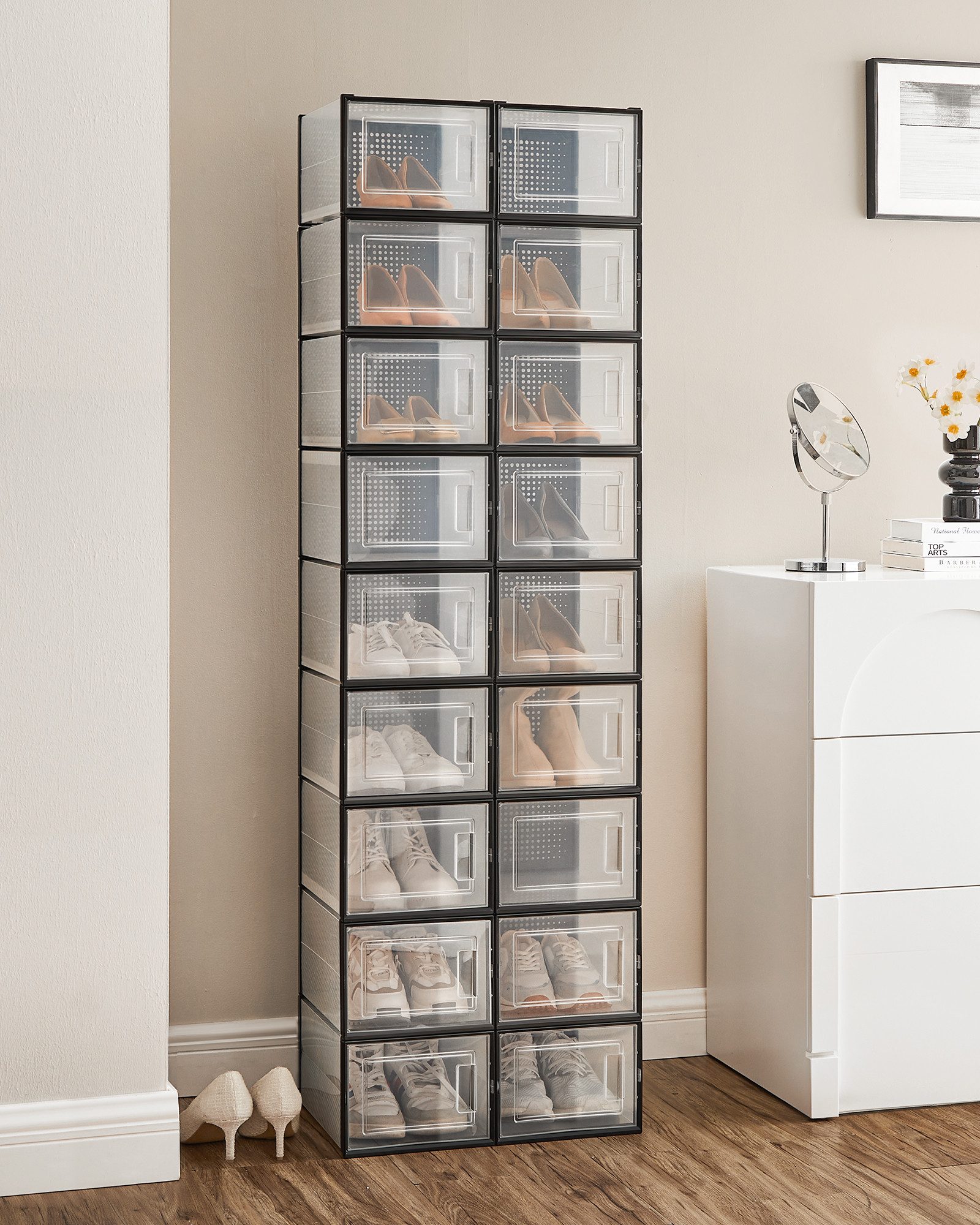 SONGMICS Schuhbox 18er Set, Schuh-Organizer aus Kunststoff, faltbar und stapelbar (18 St), für Schuhe bis Größe 46, 35 x 25 x 19 cm