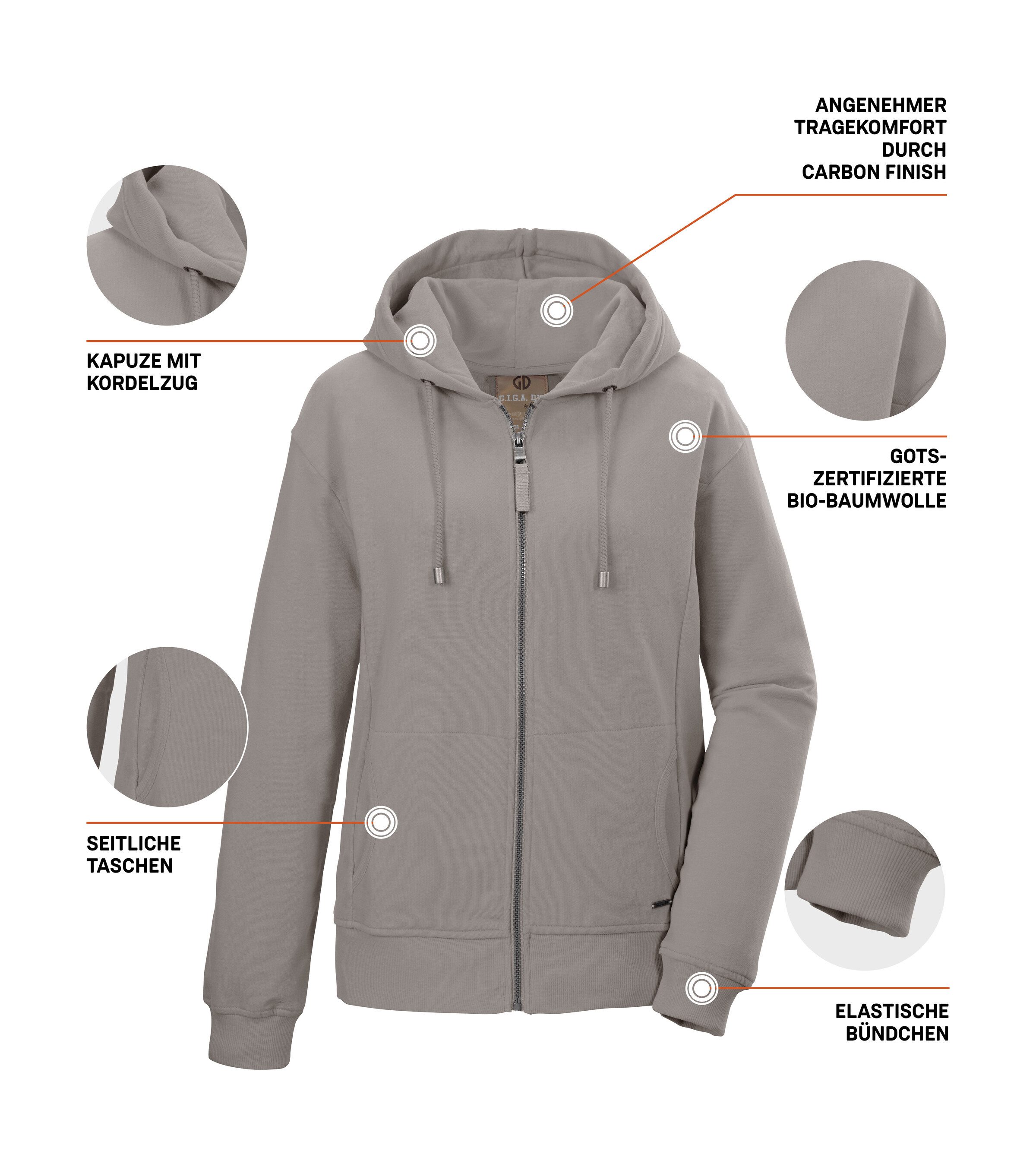 G.I.G.A. DX by killtec Sweatjacke GS 26 WMN SWT JCKT GOTS GOTS Bio-Baumwolle, Carbon-Finish, Kapuze, elastische Bündchen