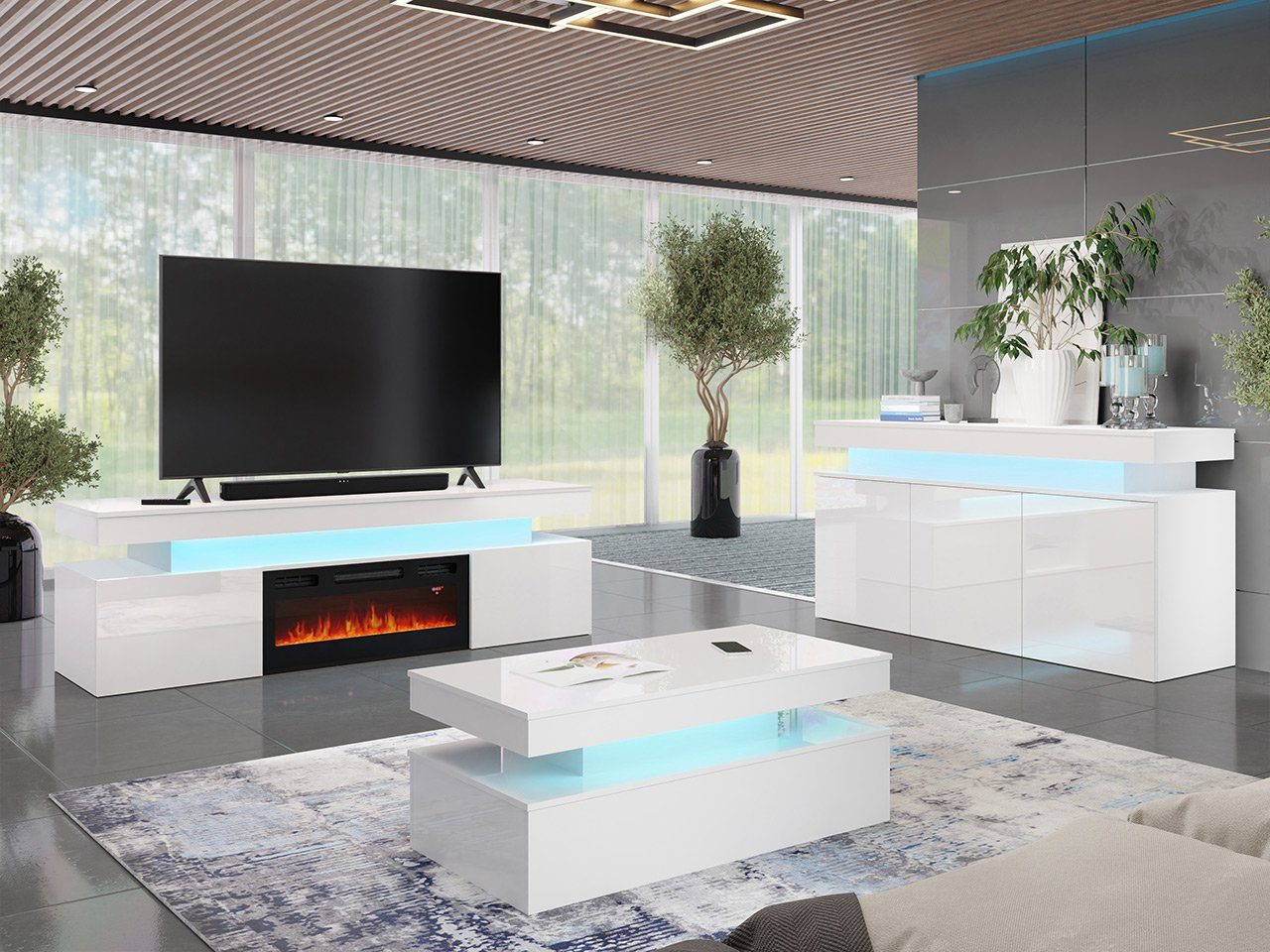 MIRJAN24 Wohnzimmer-Set Glossa II, (3er-Set, Kommode, TV-Lowboard mit Kamin, Couchtisch), mit blauer LED-Beleuchtung