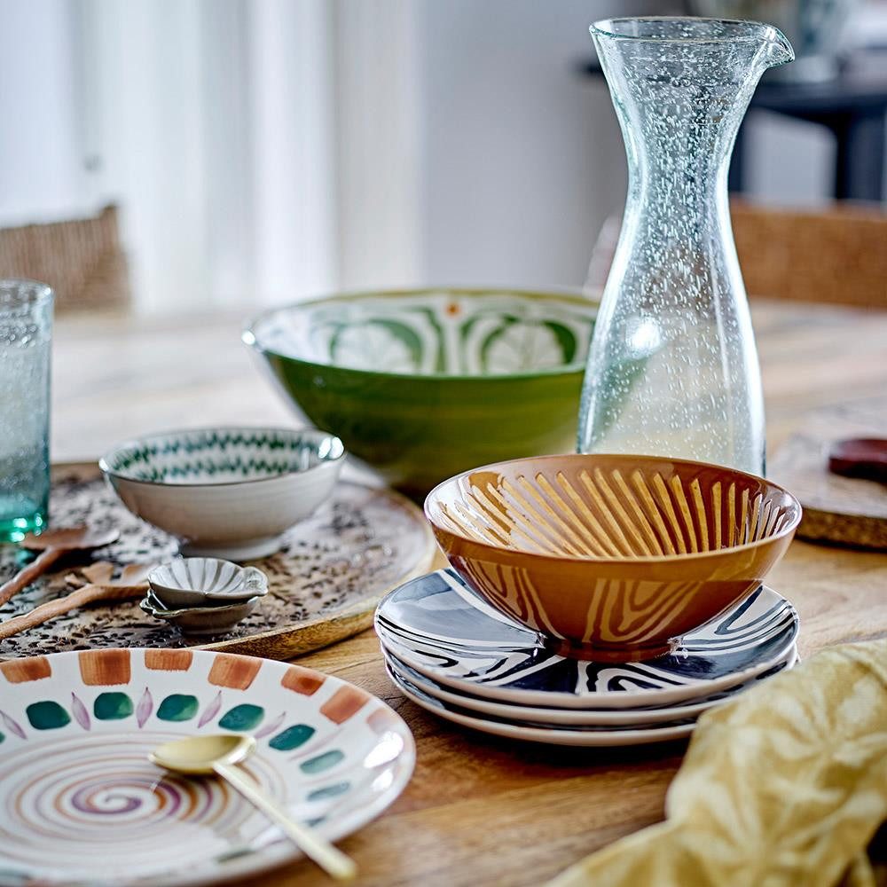Bloomingville Schale Heikki Braun, Steingut, dänisches Design, Steinzeug, Keramikschale, Servierschüssel, Geprägtes Muster, Handbemalt
