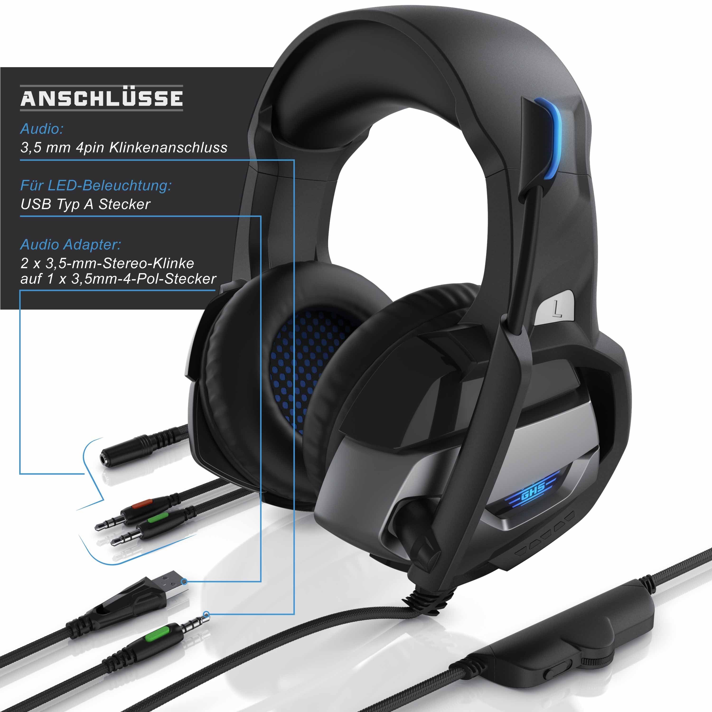 PS4/ + Mikrofon variabel Mittel- Basswiedergabe, kristallklaren Tieftonbereich verstellbar; Headset und Gaming-Headset CSL AUX (Blaue Bietet Kopfbügel Hoch-, "GHS-221" für LED-Beleuchtung; geeignet dynamische PS4 Gaming PC/ Pro)