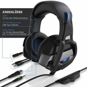 CSL Gaming-Headset (Blaue LED-Beleuchtung; Kopfbügel variabel verstellbar; Bietet kristallklaren Hoch-, Mittel- und Tieftonbereich + dynamische Basswiedergabe, Gaming Headset "GHS-221" Mikrofon AUX geeignet für PC/ PS4/ PS4 Pro)