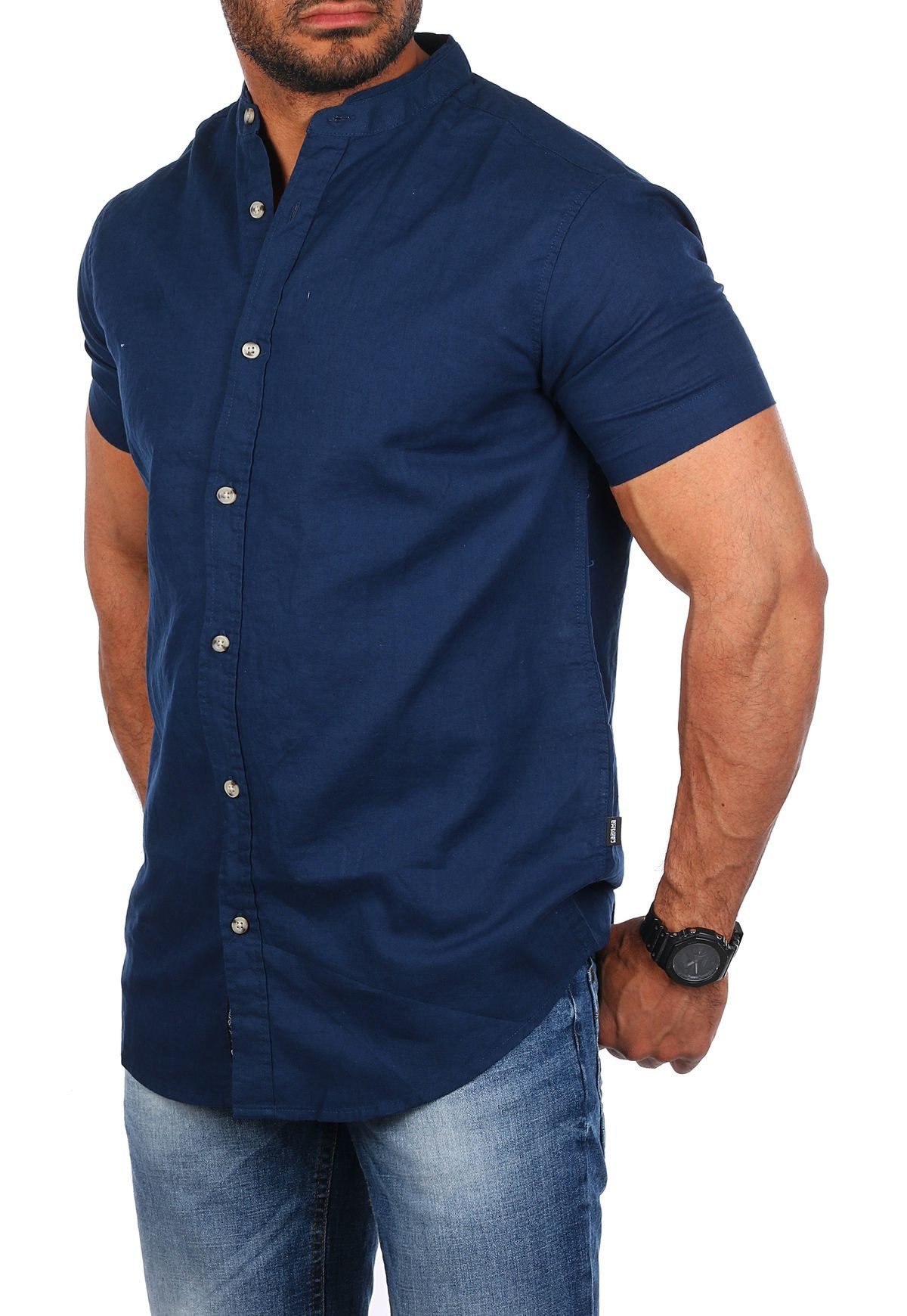 CARISMA Kurzarmhemd Herren Leinen Baumwoll Mix Casual Hemd 9337 Regular Kurzarm Stehkragenkragen Uni