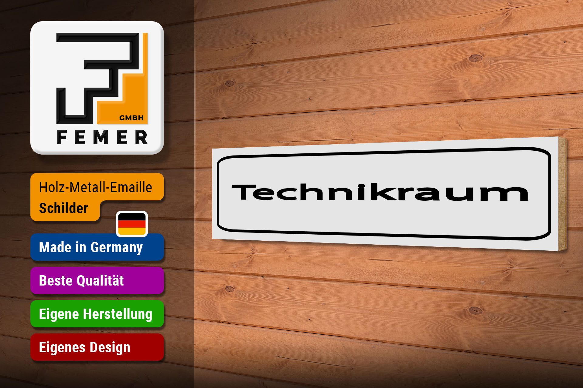 Femer GmbH Holzbild Hinweis 46x10 cm Technikraum weißes, (1 St), Glatte Holzfaserplatte (MDF), vorn beschichtet