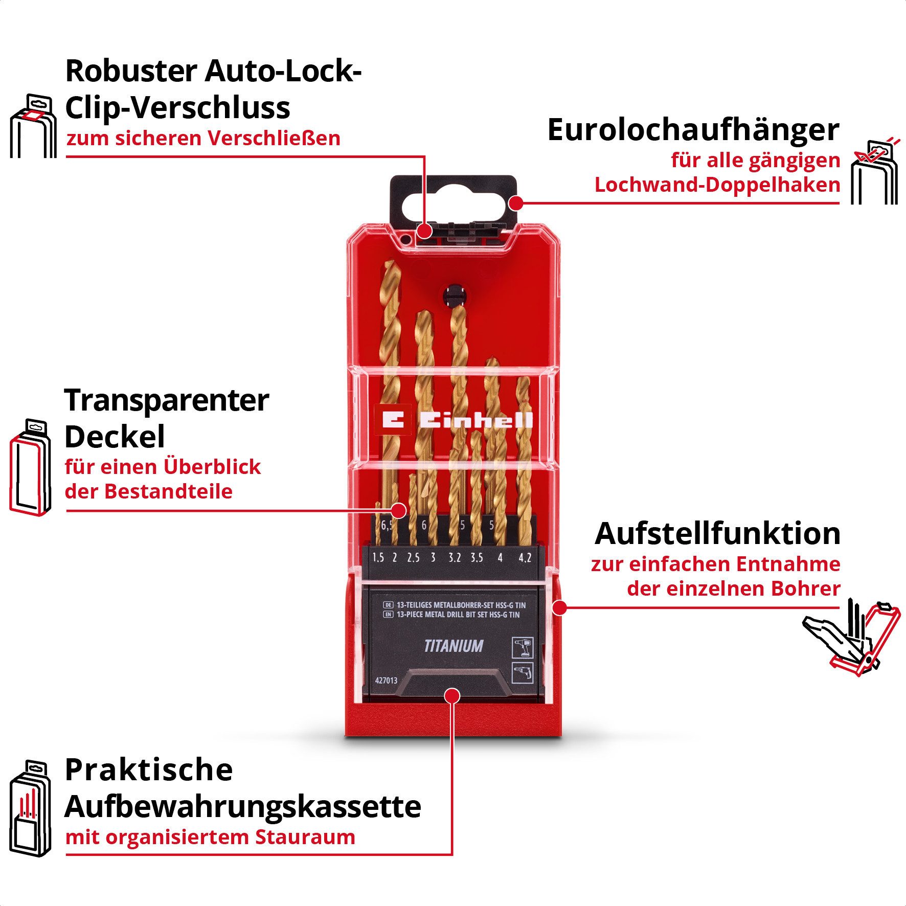 Einhell Bohrer- und Bit-Set Original Einhell 13-tlg. HSS-G Titan Metallbohrer-Set (im Ganzen gesch, (13x HSS-G Titan Metallbohrer (1,5 / 2 / 2,5 / 3 / 3,2 / 3,5 / 4 / 4,2 / 4,5 / 5 / 5,5 / 6 / 6,5 mm), 1x Aufbewahrungskassette (15,0 x 6,2 x 2,6 cm), 13-tlg), Original Einhell 13-tlg. HSS-G Titan Metallbohrer-Set (im Ganzen gesch