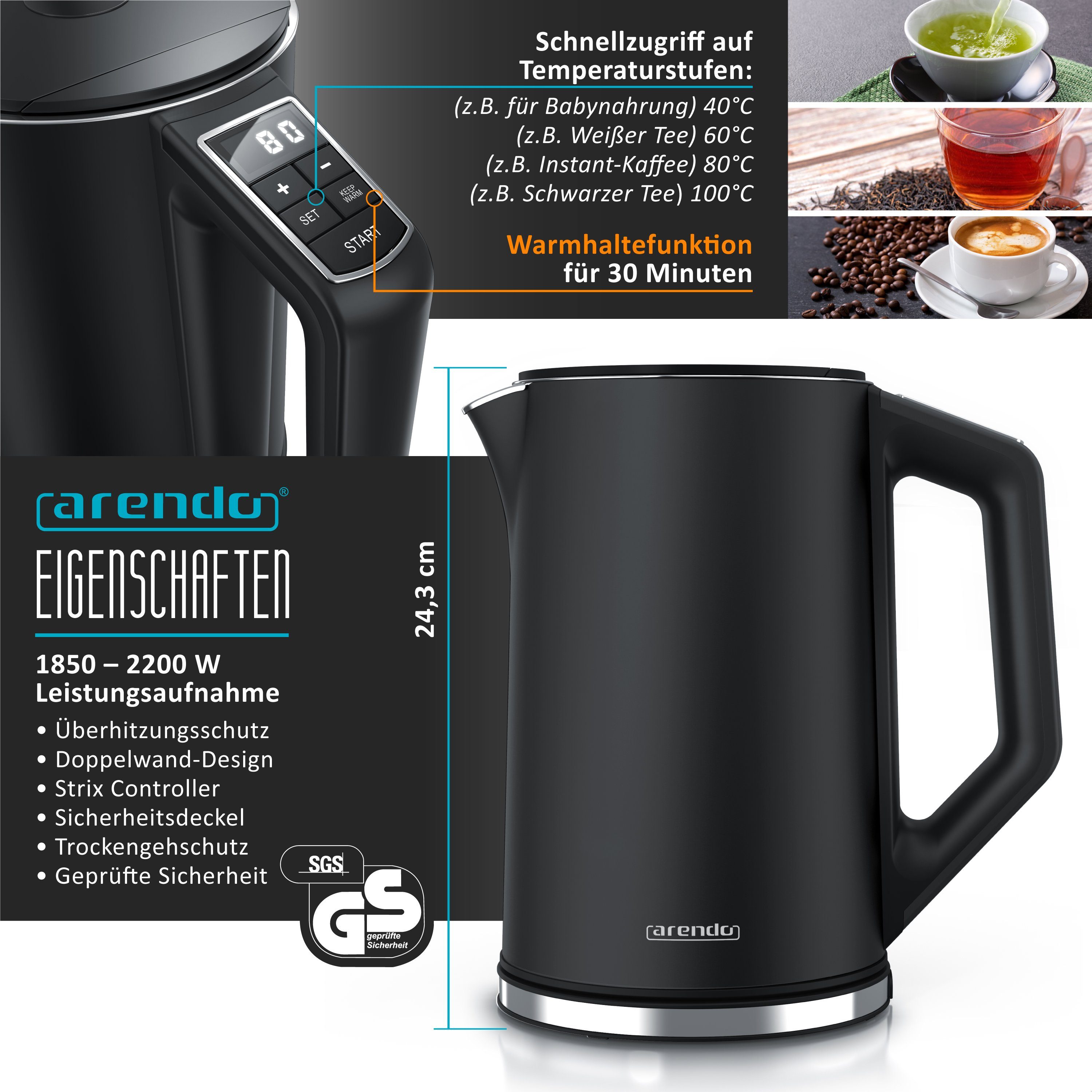 Arendo Frühstücks-Set Edelstahl Wasserkocher 1,5l, 2-Scheiben Kurzschlitz Toaster, schwarz (2-tlg), Wasserkocher mit Temperatureinstellung, Toaster Brötchenaufsatz, Touch