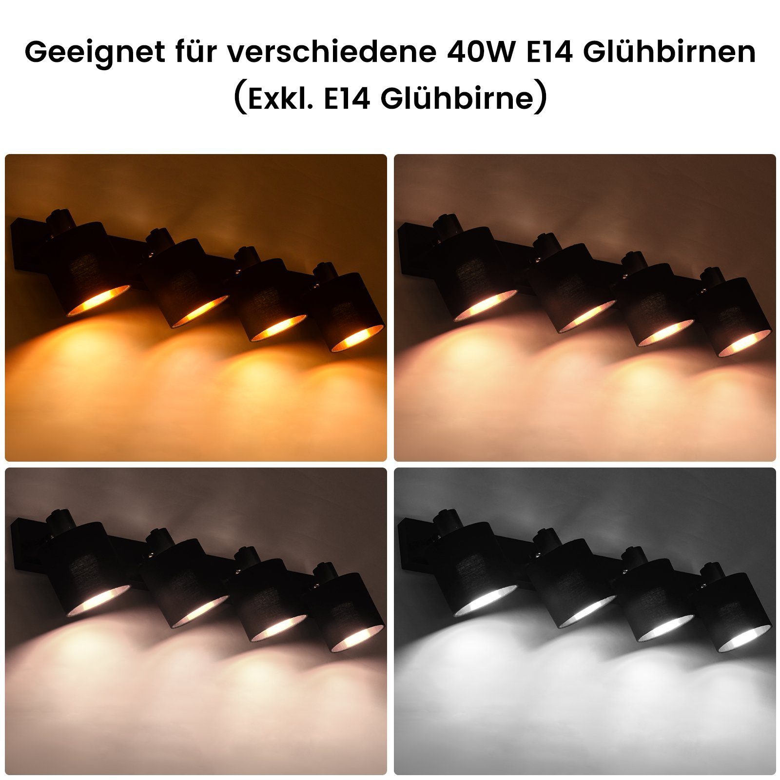 350°, Modern ZMH E14 Leuchtmittel), Stoffschrim Schwarz Schwenkbar Flammig ohne Deckenleuchte Flur(ohne für 4 Leuchtmittel, Deckenstrahler Schlafzimmer MAX.25W
