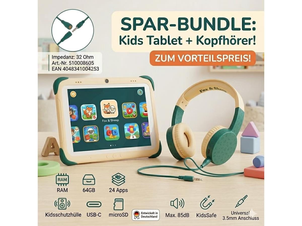 Fox & Sheep Kids Kinder Robustes Tablet 8 Zoll + Kopfhörer Tablet (8", 64 GB, Android 13, vorinstallierte Apps, erweiterbarer Speicher, integrierter Standfuß)