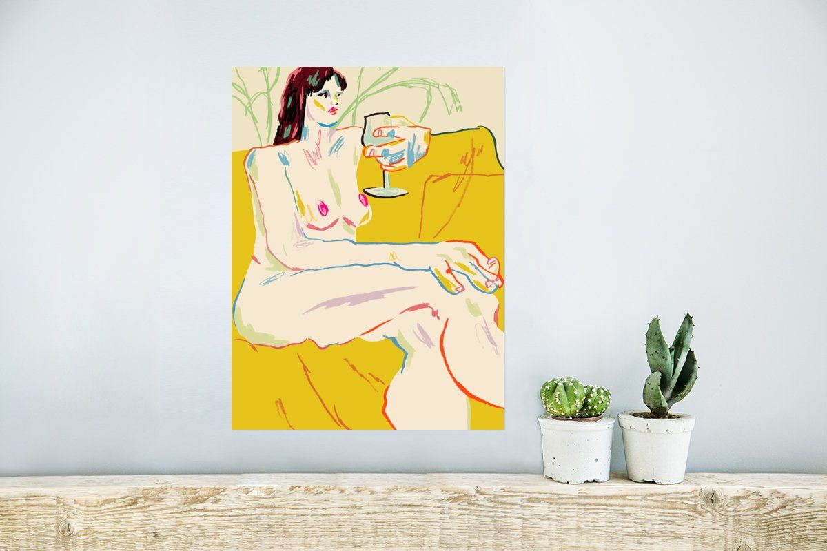 MuchoWow Poster Wohnzimmer, - (1 für Kunst St), Wandposter - Ohne Wandbild, Frau Poster, - Weinglas Rahmen Gelb