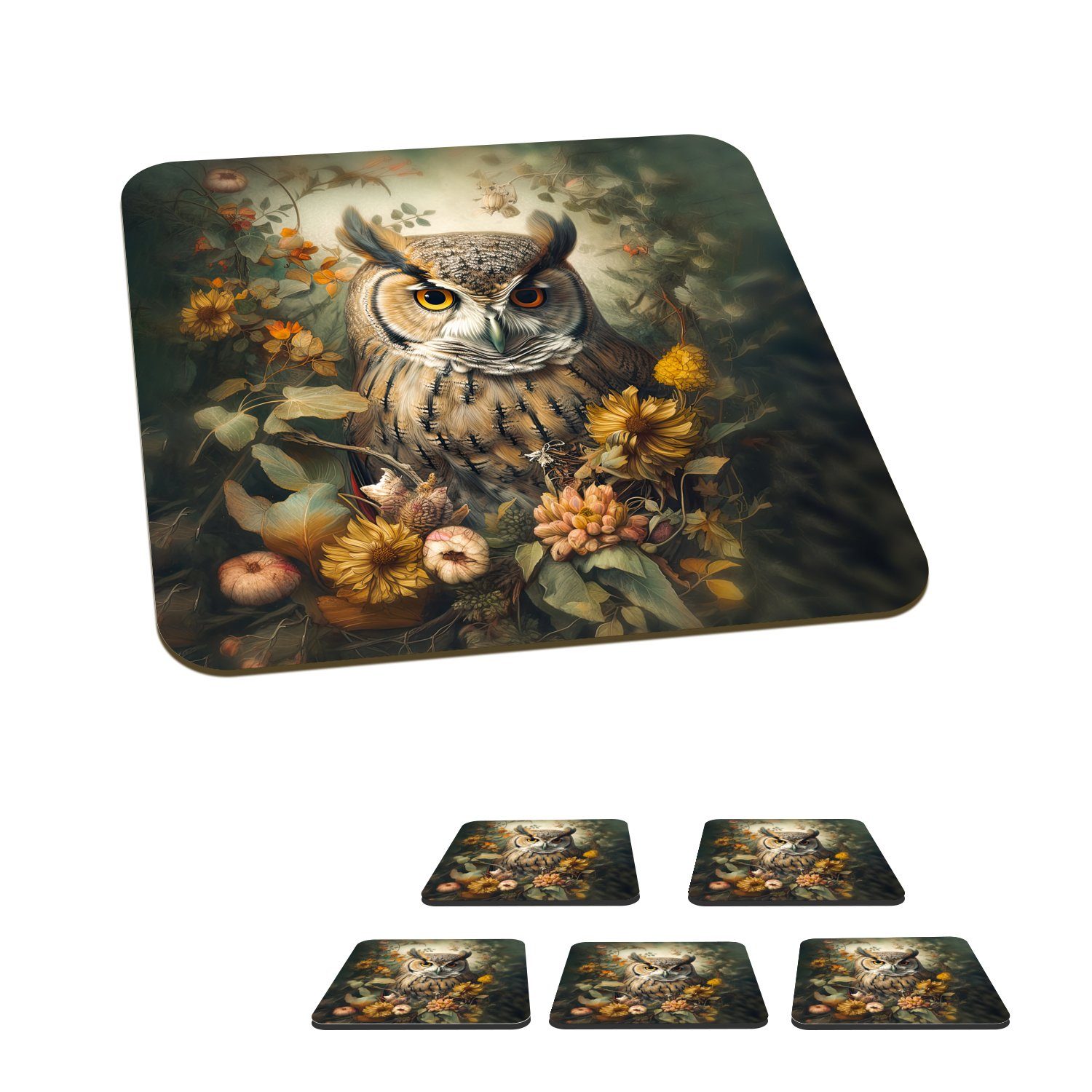 MuchoWow Glasuntersetzer Eule - Vögel - Blumen - Natur, Zubehör für Gläser, 6-tlg., Tassenuntersetzer Kork, Quadrat, Untersetzer Set Gläser, 10x10 cm