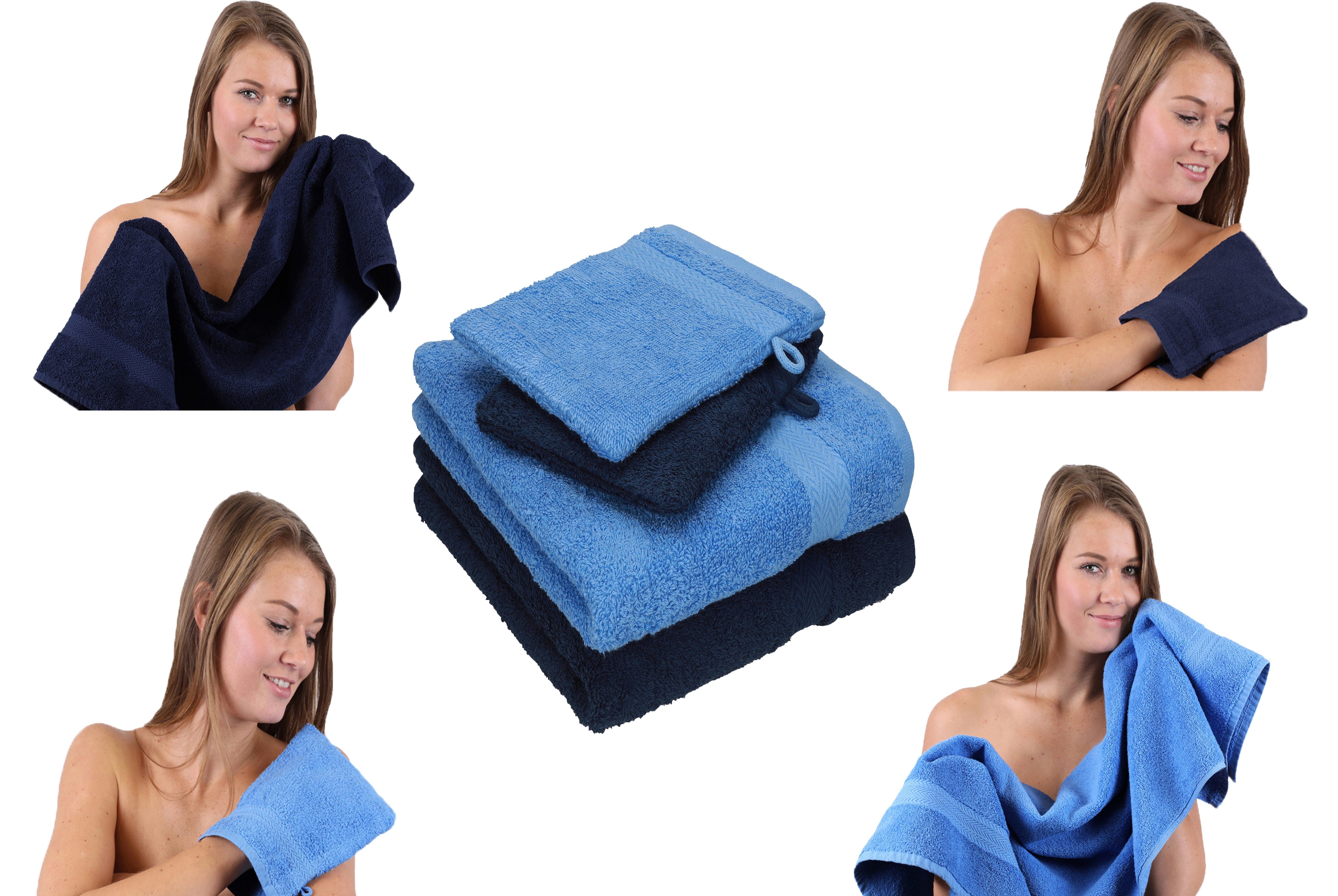 100% hellblau-dunkelblau Waschhandschuhe, TLG. Pack Handtücher 2 2 Baumwolle, (4-tlg) Handtuch 100% Set Baumwolle Set Handtuch Happy Betz 4