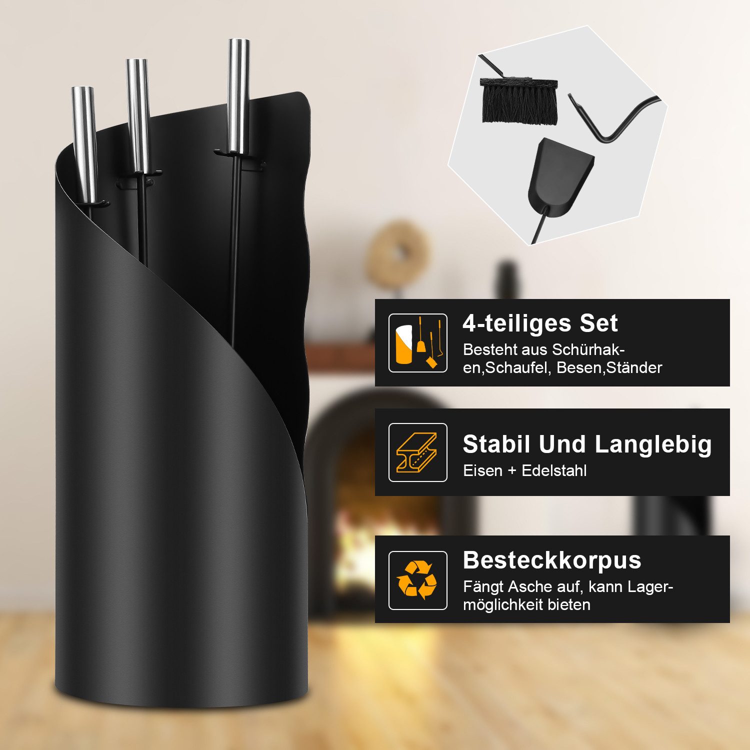 Clanmacy Kehrgarnitur Kaminbesteck Set 4-teiliges Kaminzubehör – Modern, (4-tlg)
