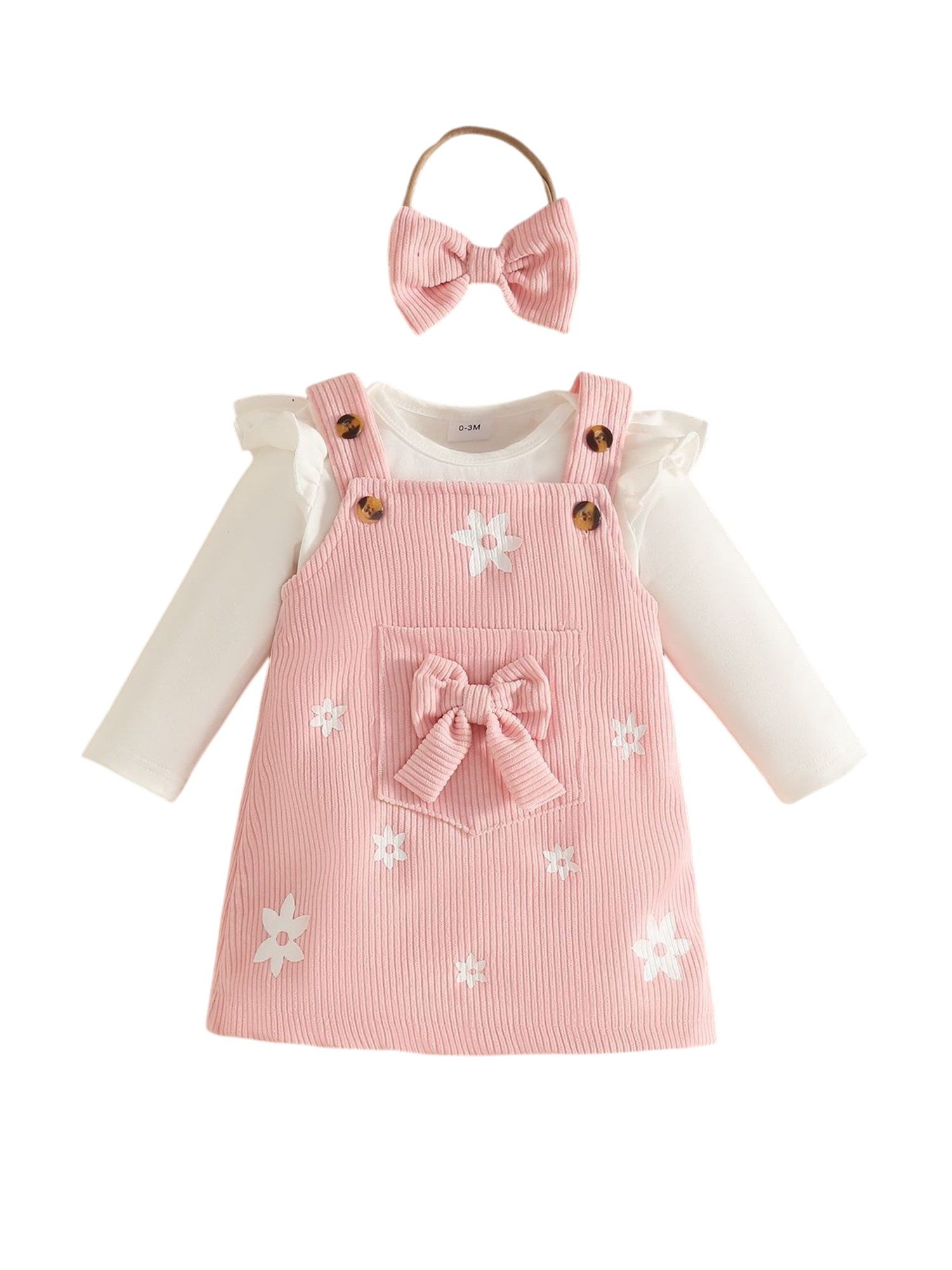 Lapastyle 2-in-1-Kleid 3-tlg Baby Mädchen Kleidung Overall + Latzkleid + Stirnband (Set) Elegantes imprprimtes Schmuckbänder-Kindset