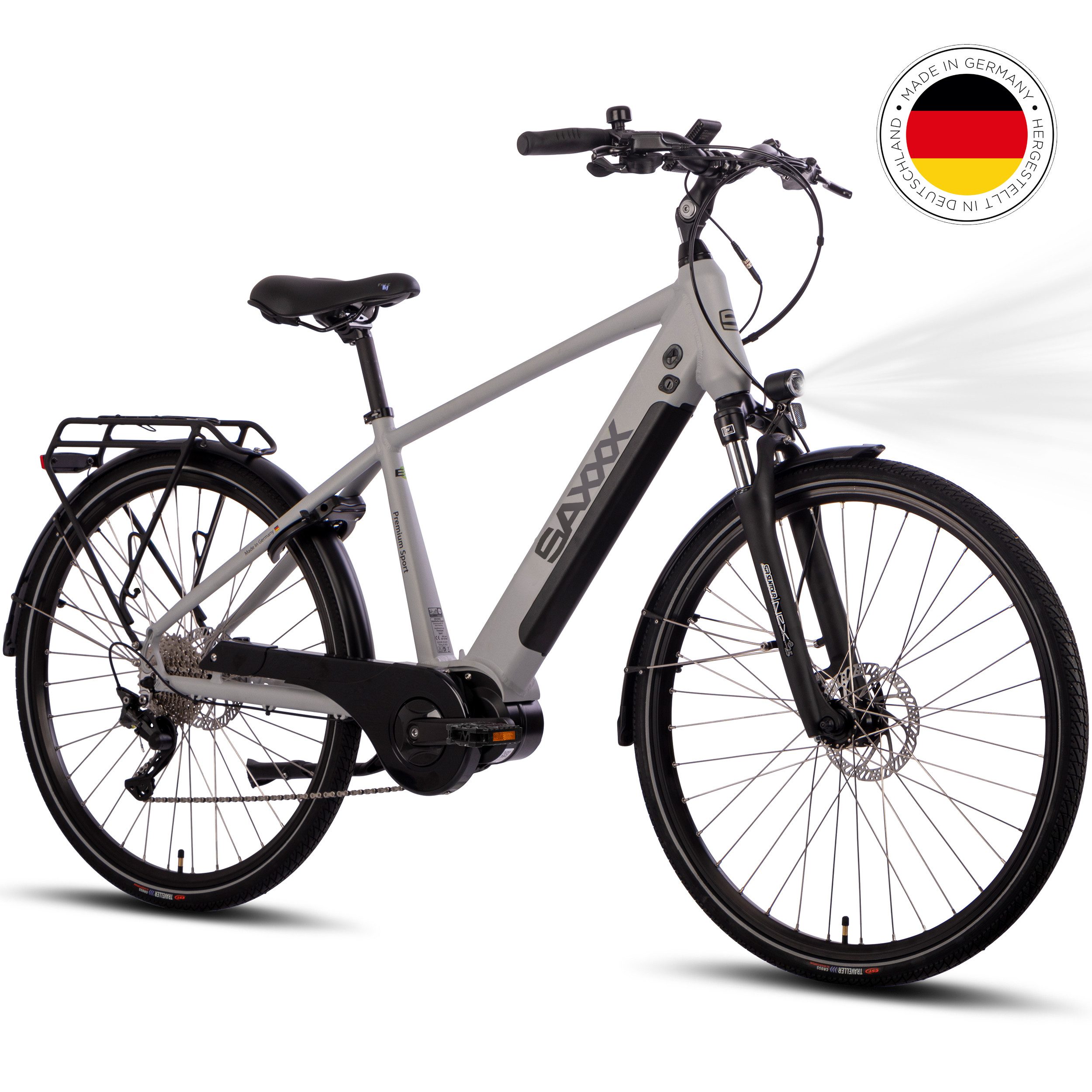SAXXX E-Bike Trekkingrad 28 Zoll, 90 Nm Mittelmotor, bis zu 110 km Reichweite, 10 Gang SHIMANO Deore Schaltwerk, Mittelmotor, 522 Wh, (mit abnehmbarem Akku, zu 95 % vormontiert), mit Gepäckträger bis zu 25 kg, hydraulische Scheibenbremsen