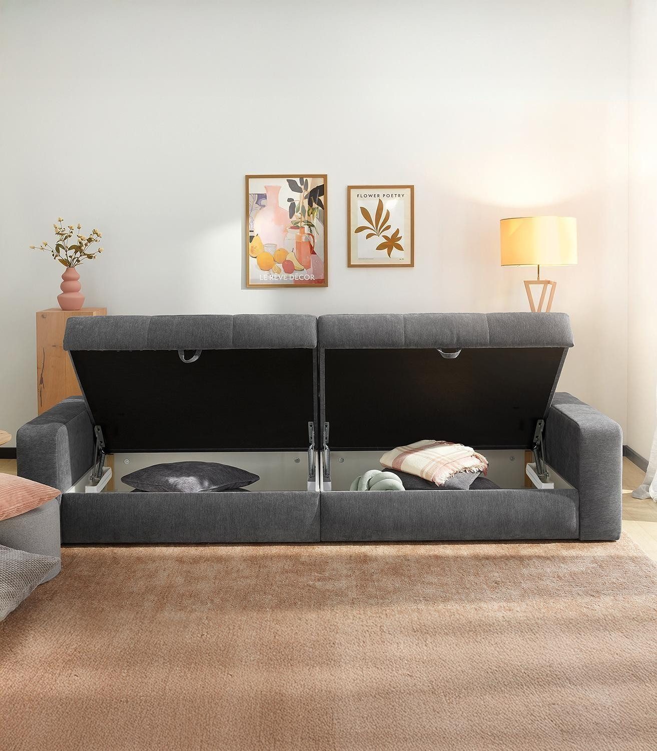 Jockenhöfer Gruppe Big-Sofa SPACE, Grau, Chenille, 2 Bettkästen, mit Kissen, B 284 x H 84 x T 113 cm