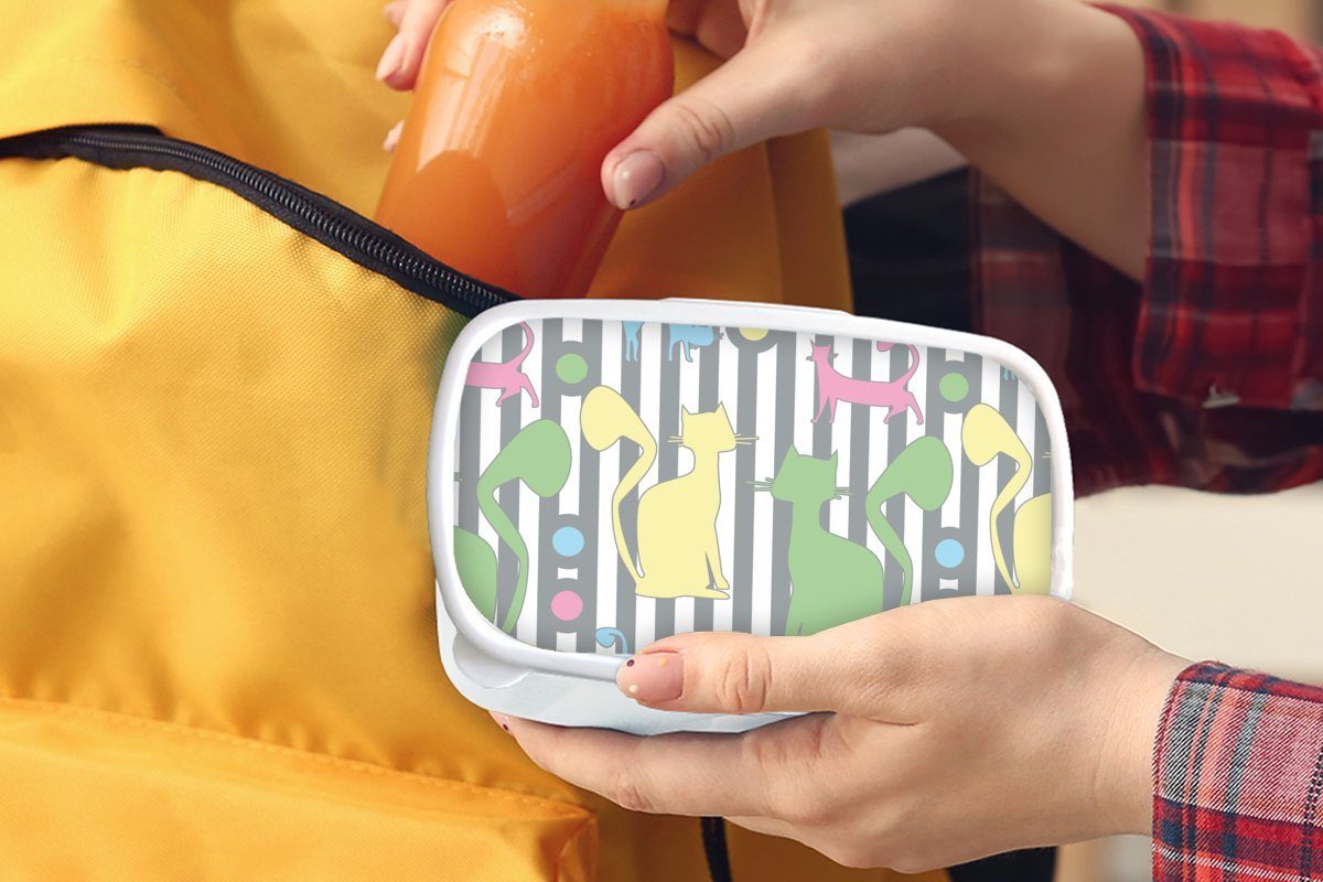 MuchoWow Lunchbox Katzen - Pastell und - Mädchen für Erwachsene, und (2-tlg), für Jungs Brotbox weiß Tiere, Brotdose, Kinder Kunststoff