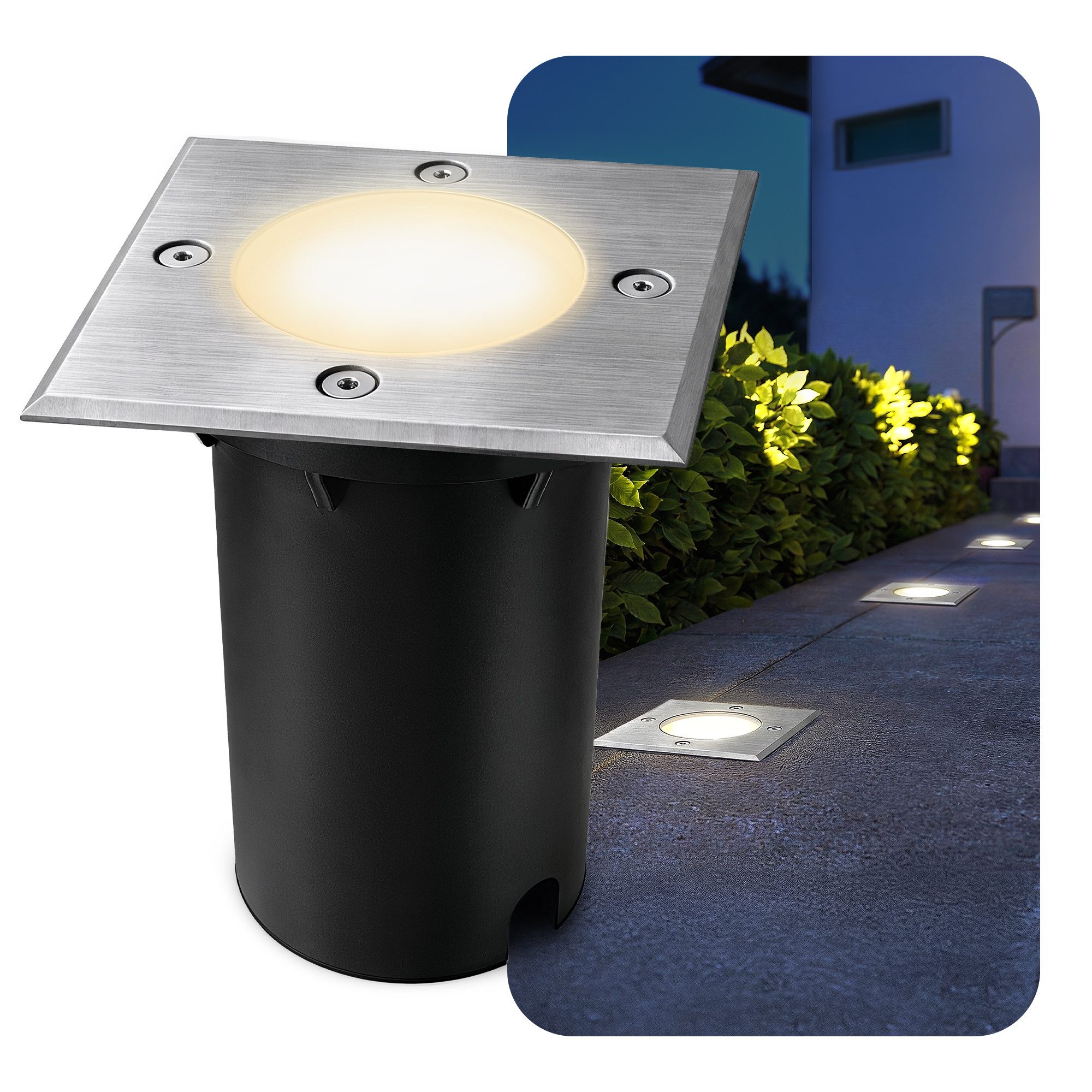 SSC-LUXon KALPA Bodeneinbauleuchte silber IP67 mit 2W LED GU10 Strahler warmweiß, Warmweiß