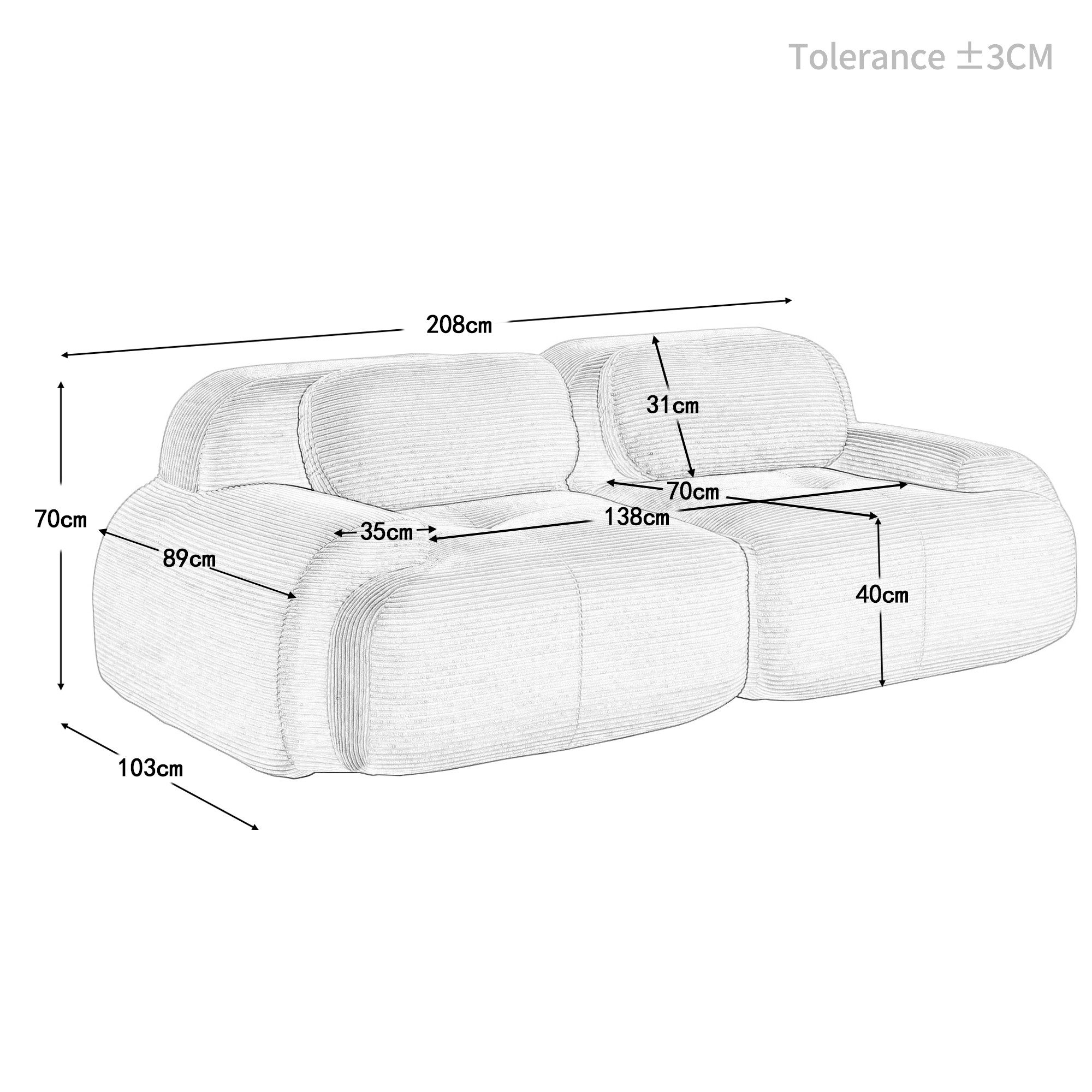 Odikalo 3-Sitzer modular kombinierbar Polstersofa Chaiselongue, 82'' Loveseat-Sofa aus Cordstoff, modular kombinierbar mit geschwungenen Armlehnen und rutschfes – Bild 5 von 5