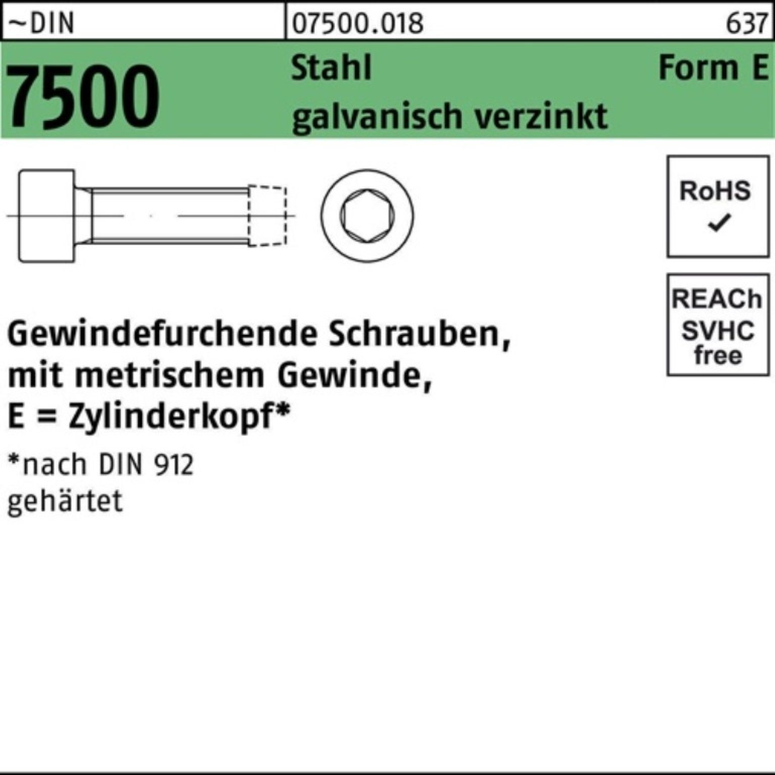 Gewindefurchendeschraube Gewindeschraube Reyher E 500er ZYLKO DIN Innen-6kt Pack 7500 M4x40 S