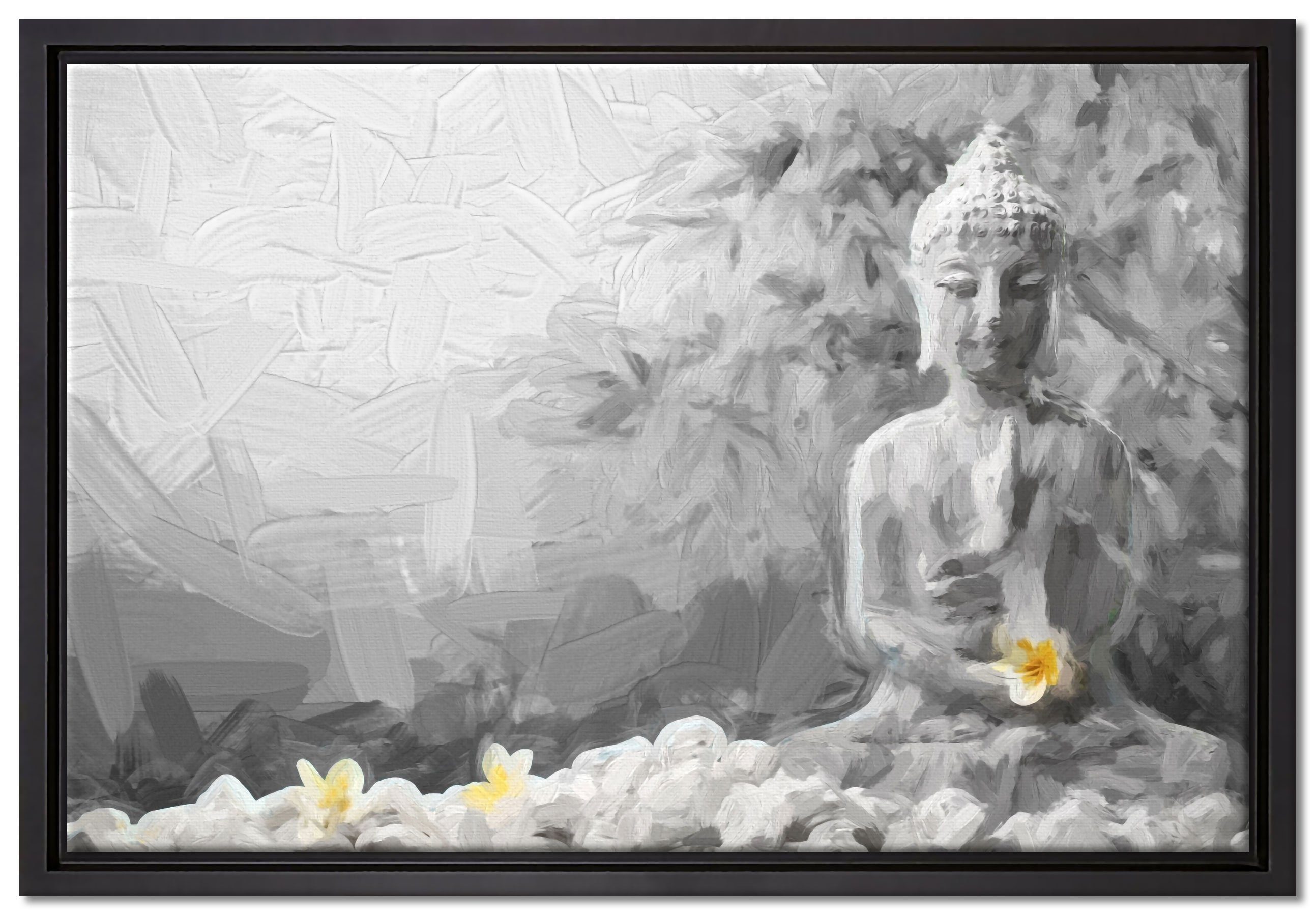 Pixxprint Leinwandbild Buddha mit Monoi Blüte in der Hand, Wanddekoration (1 St), Leinwandbild fertig bespannt, in einem Schattenfugen-Bilderrahmen gefasst, inkl. Zackenaufhänger