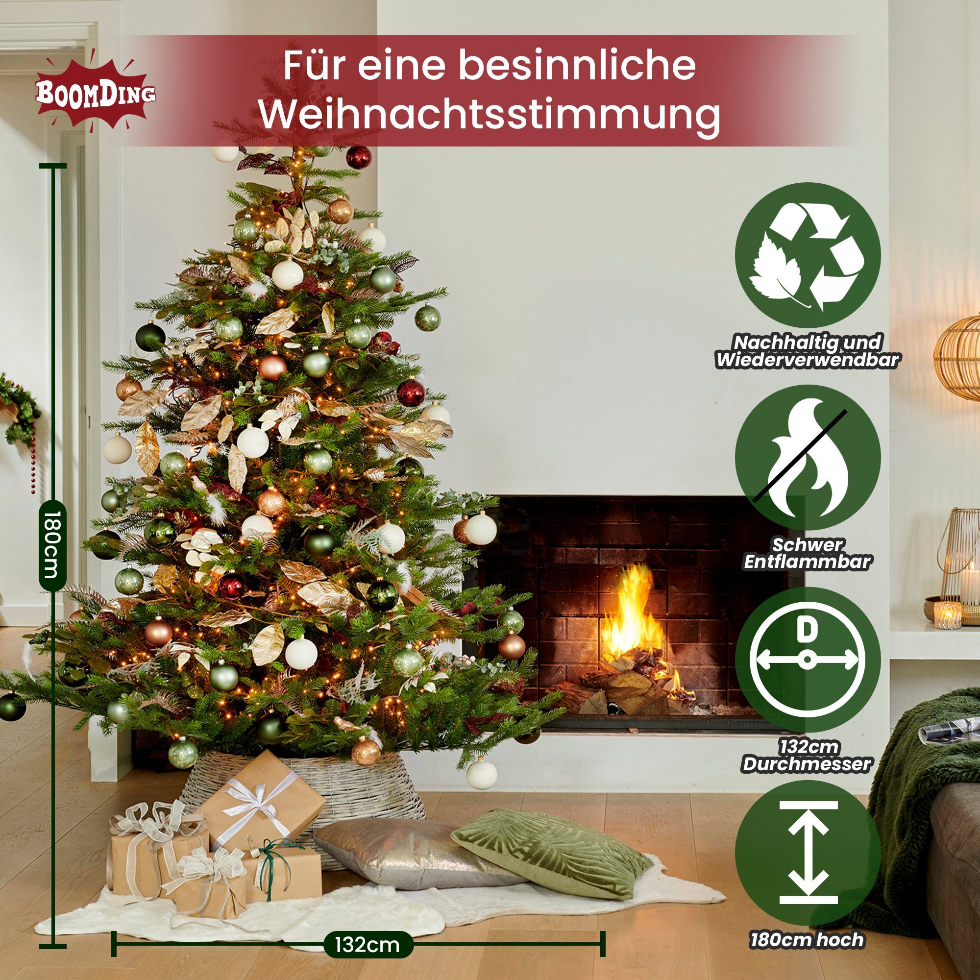 BoomDing Künstlicher Weihnachtsbaum »Tannenbaum Weihnachtsbaum mit LED -  180 oder 210 cm Höhe mit Ständer«, Christbaum mit Metallständer und  wünderschöner LED Beleuchtung