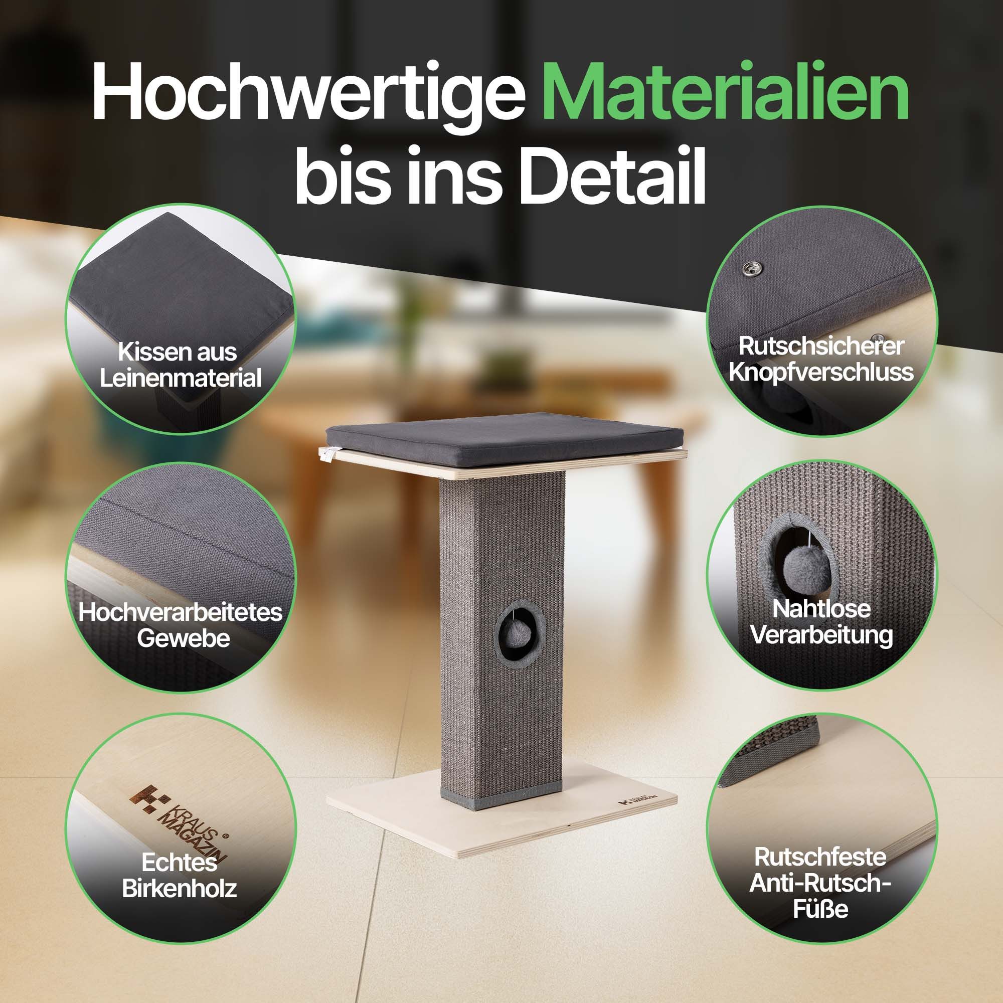Kraus-Magazin Kratzbaum aus Birkenholz, große Liegefläche, rutschfestes Leinenkissen, stabiler, interaktiver Kratzstamm mit kratzfestem Sisalteppich
