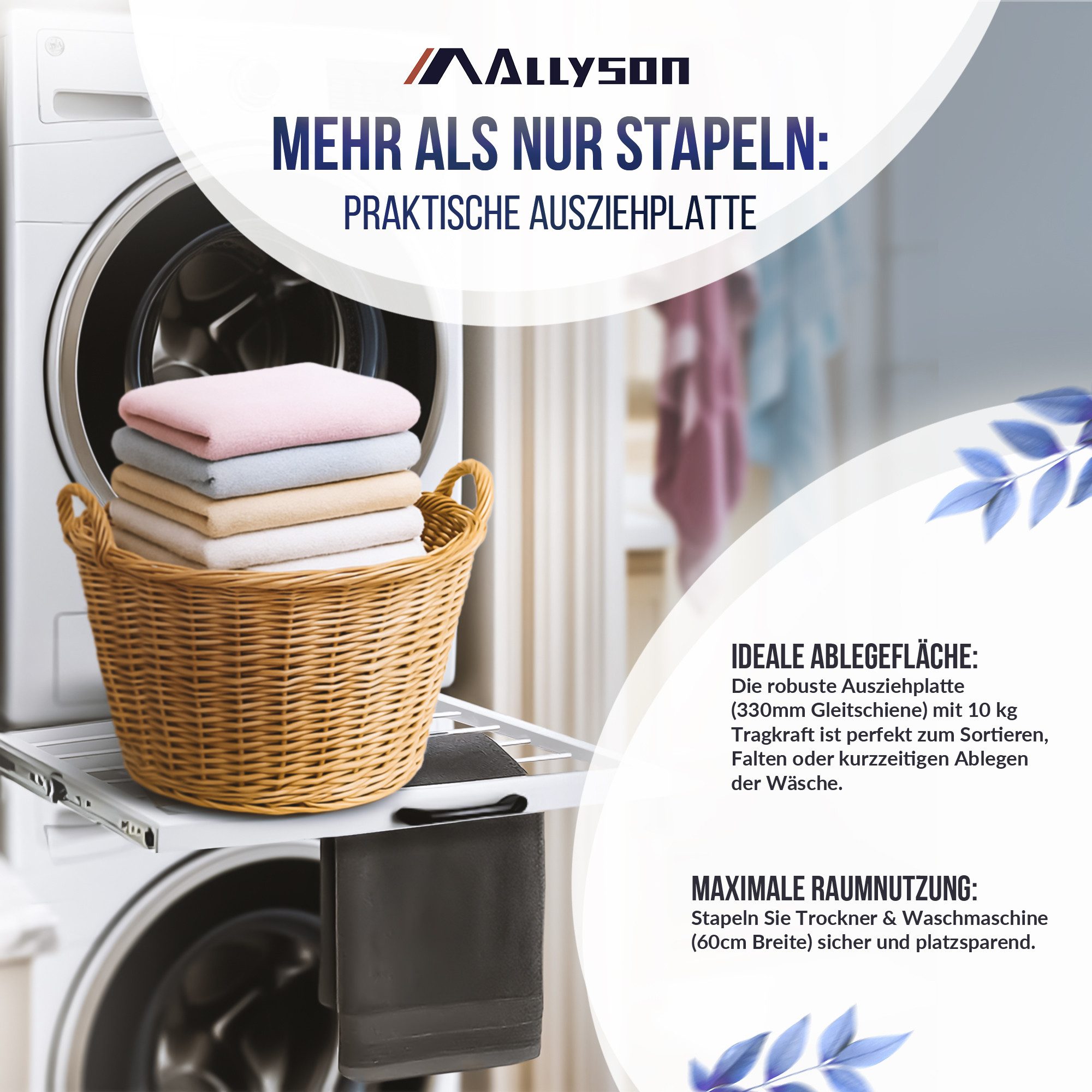 Allyson Zwischenbaurahmen Universal Zwischenbausatz für Waschmaschine & Trockner aus Metall (Montage-Set, Rahmen mit Auszug, Ratschen-Spanngurt, 8x Anti-Rutsch-Pads, Anleitung), Rahmen mit Auszug-Ablage, 100kg Last, 10kg Fachlast, inkl. Gurt.