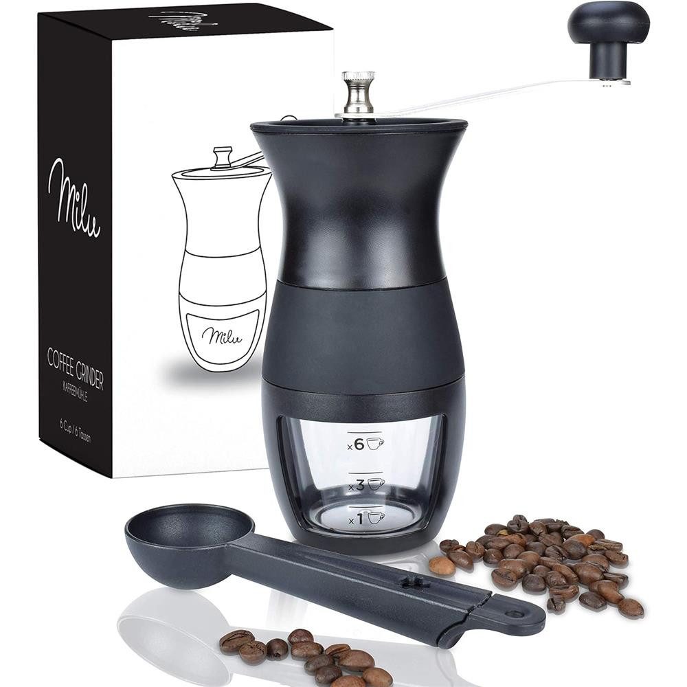 Milu Kaffeemühle Kaffeemühle Handmühle Set 3-tlg., Keramikmahlwerk, stufenlos, Schwarz