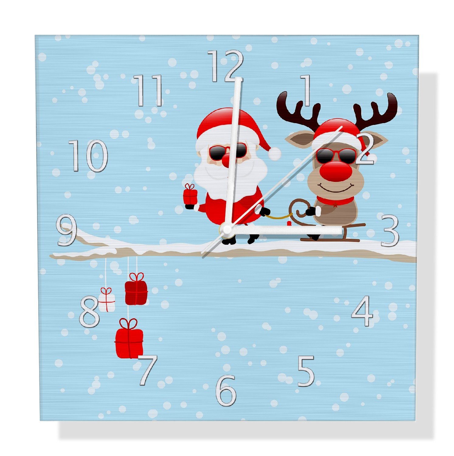 Wanduhr Cooler Weihnachtsmann mit Rentier auf einem Ast