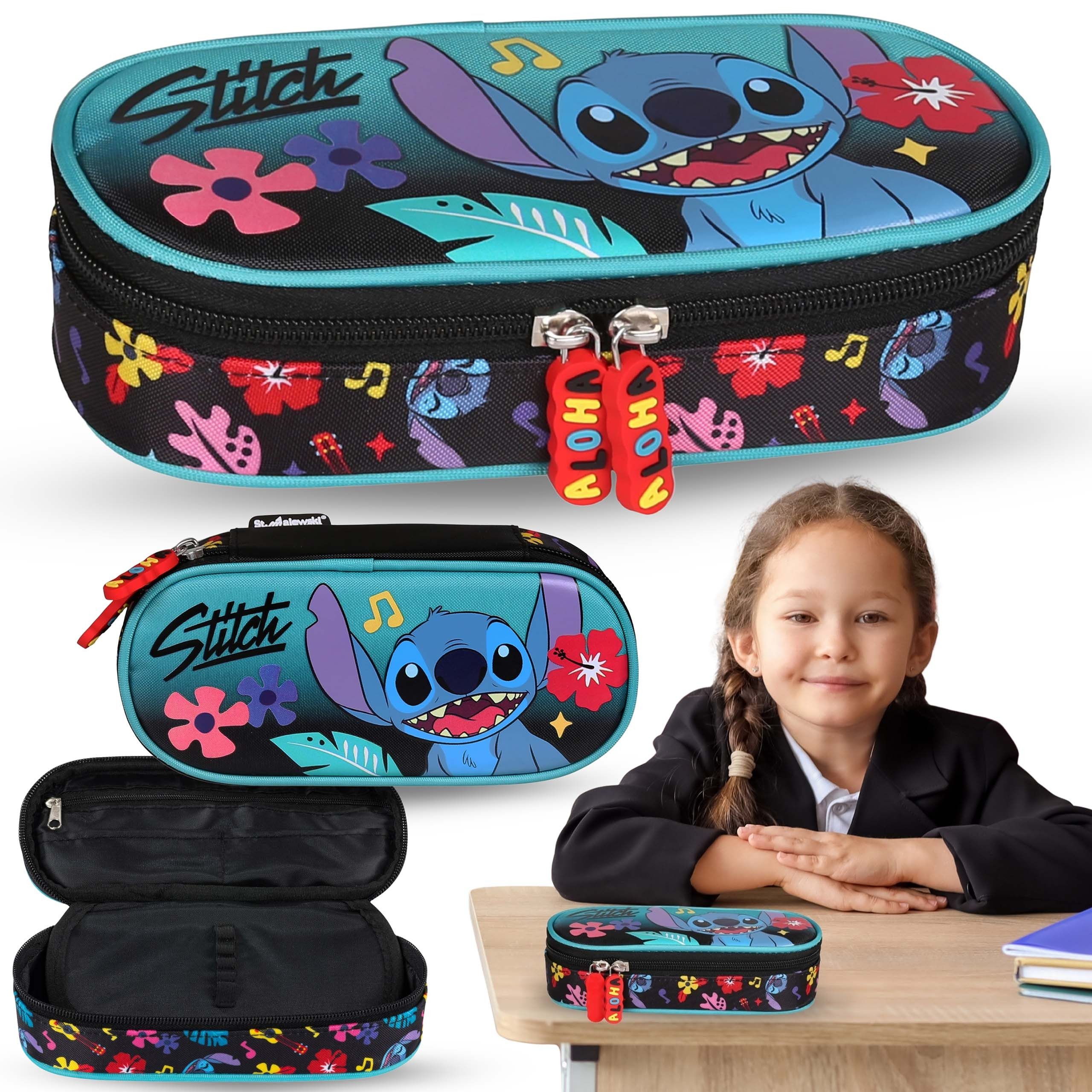 Disney Federmäppchen DISNEY Stitch Mäppchen mint-schwarz mit Fächern, Beutel 5x20x9cm