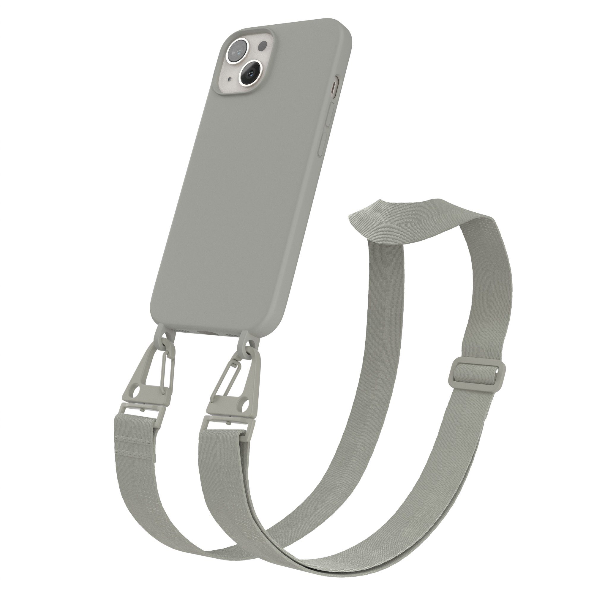 EAZY CASE Handykette Karabiner Breitband für Apple iPhone 13 6,1 Zoll, Ketten Hülle Transparent Case Kettenhülle abnehmbare Kordel Grau Taupe