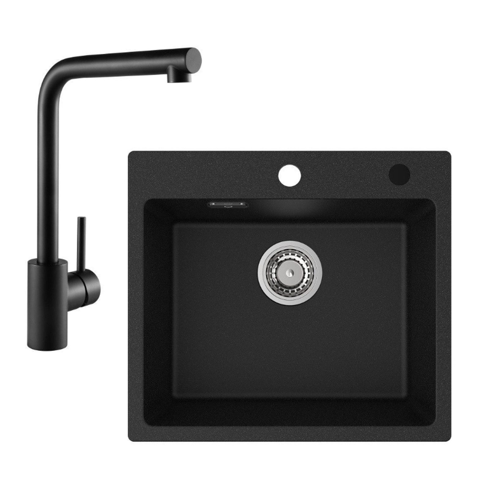 CECIPA MAX Küchenspüle Spülbecken mit 1 Becken 50×45CM Granitspüle Anthrazitschwarz, Quadrat, 50/45 cm, Schwarz Küchenarmatur 360° drehbar, Einhebel-Spültischarmatur, Höhe 318MM