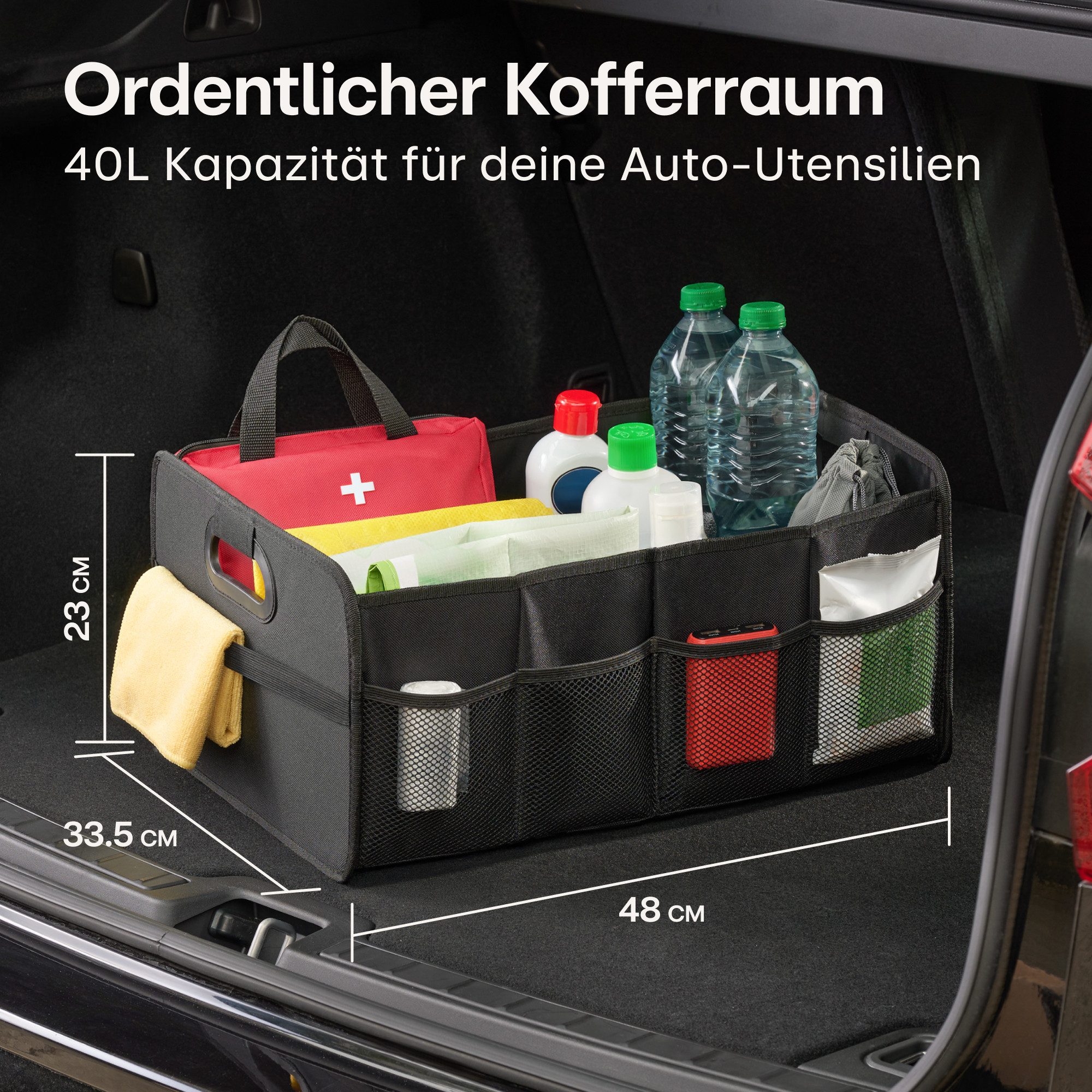 Praknu Trunk Mat, Foldable Trunk Organizer – 3 Compartments with 5 Pockets – Non-Slip (1 pc), Ideal Size for Cars – Robust & Water-Repellent Oxford Fabric