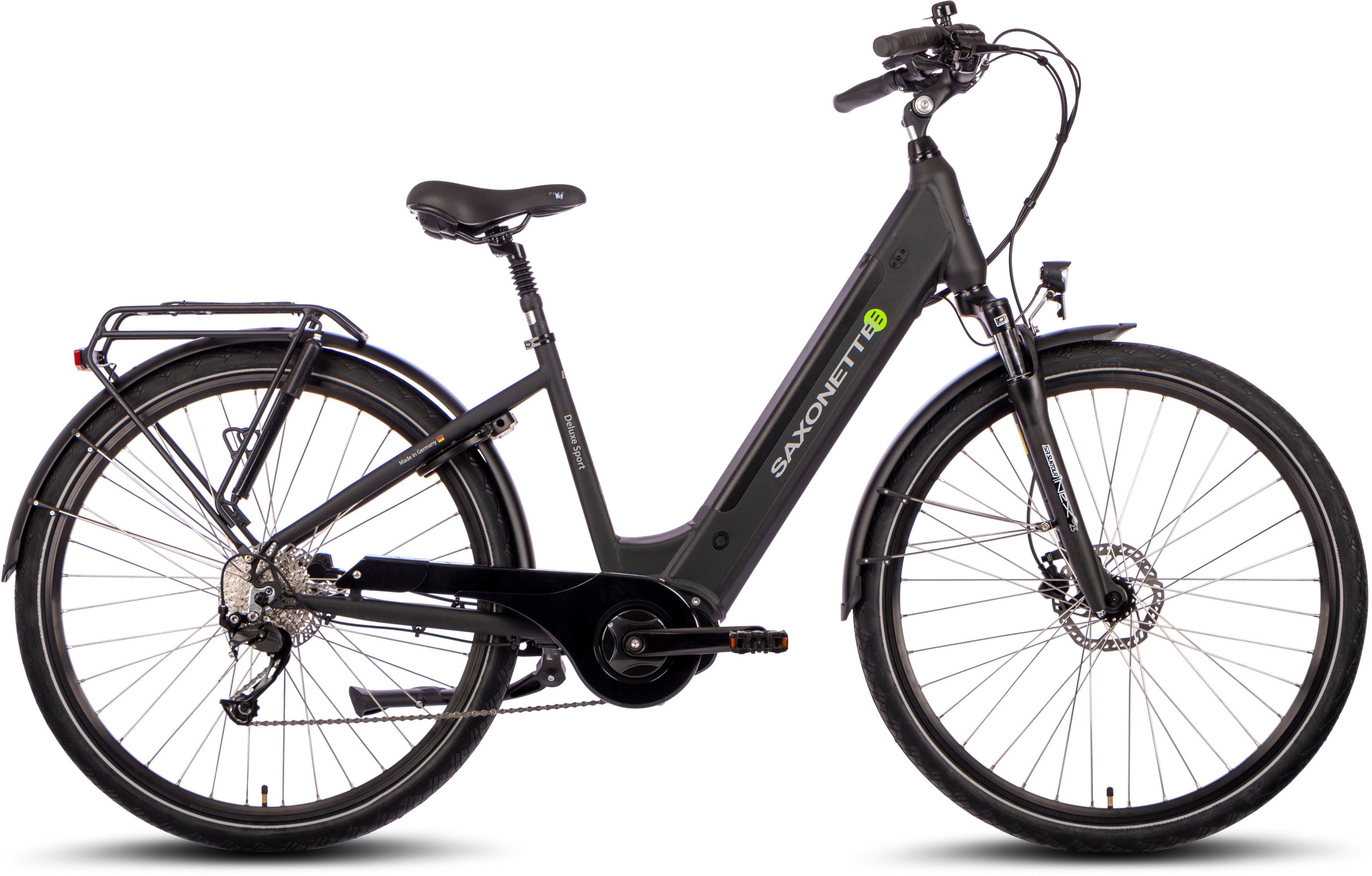 SAXONETTE E-Bike Trekkingrad Deluxe Sport (Wave), 9 Gang Shimano Alivio Schaltwerk, Kettenschaltung, Mittelmotor, 418 Wh, Pedelec, Elektrofahrrad für Damen u. Herren