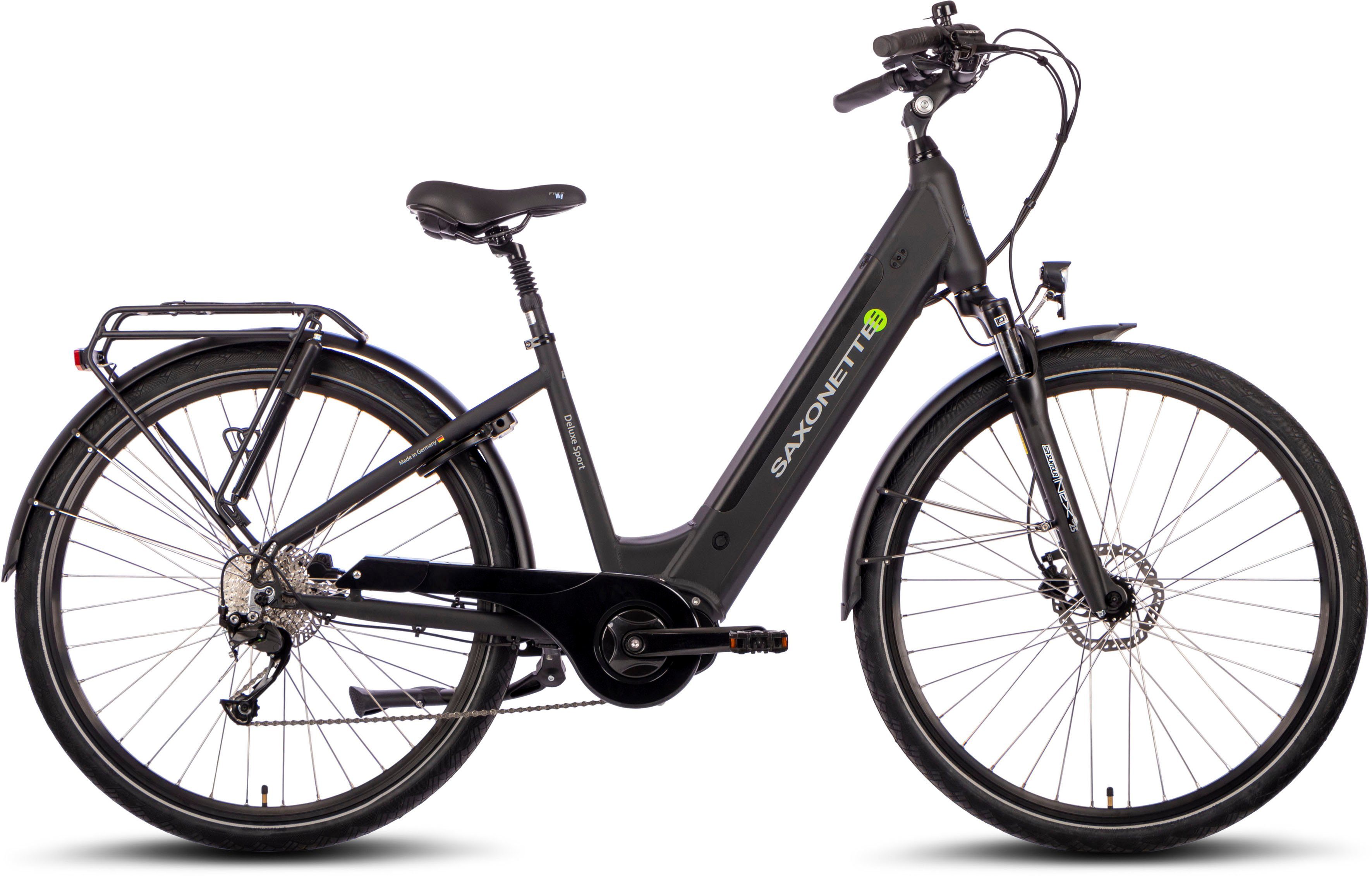 SAXONETTE E-Bike SAXONETTE Deluxe Sport (Trapez), 9 Gang Shimano Alivio Schaltwerk, Kettenschaltung, Mittelmotor, 418 Wh Akku