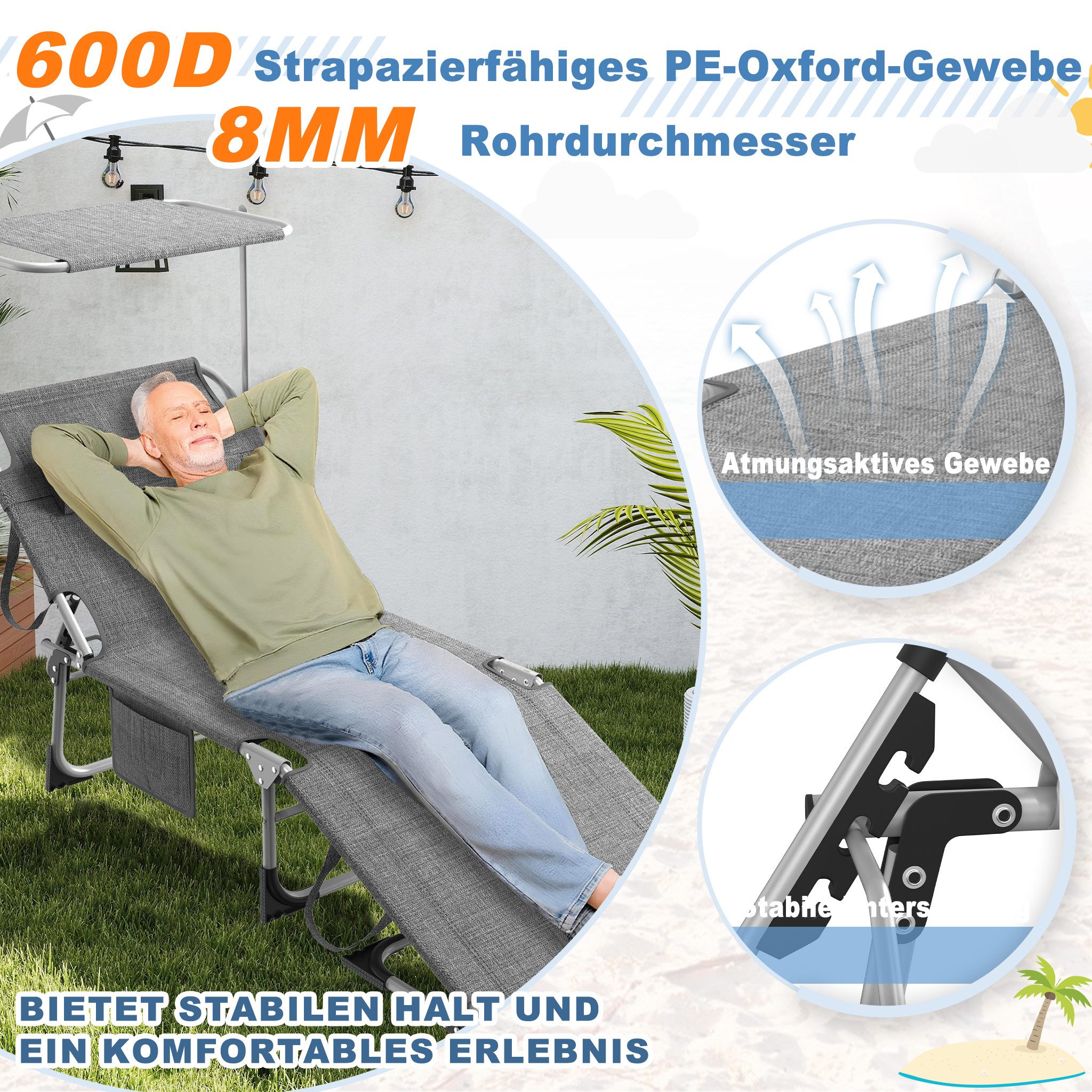 FIVMEN Gartenliege Sonnenliege Liegestuhl Garten Balkon Mit Sonnenschutz Klappbar Leicht, 1 St., Terrassen Liege Mit Dach Kopfkissen Tragegriffe Seitentasche – Bild 3 von 5