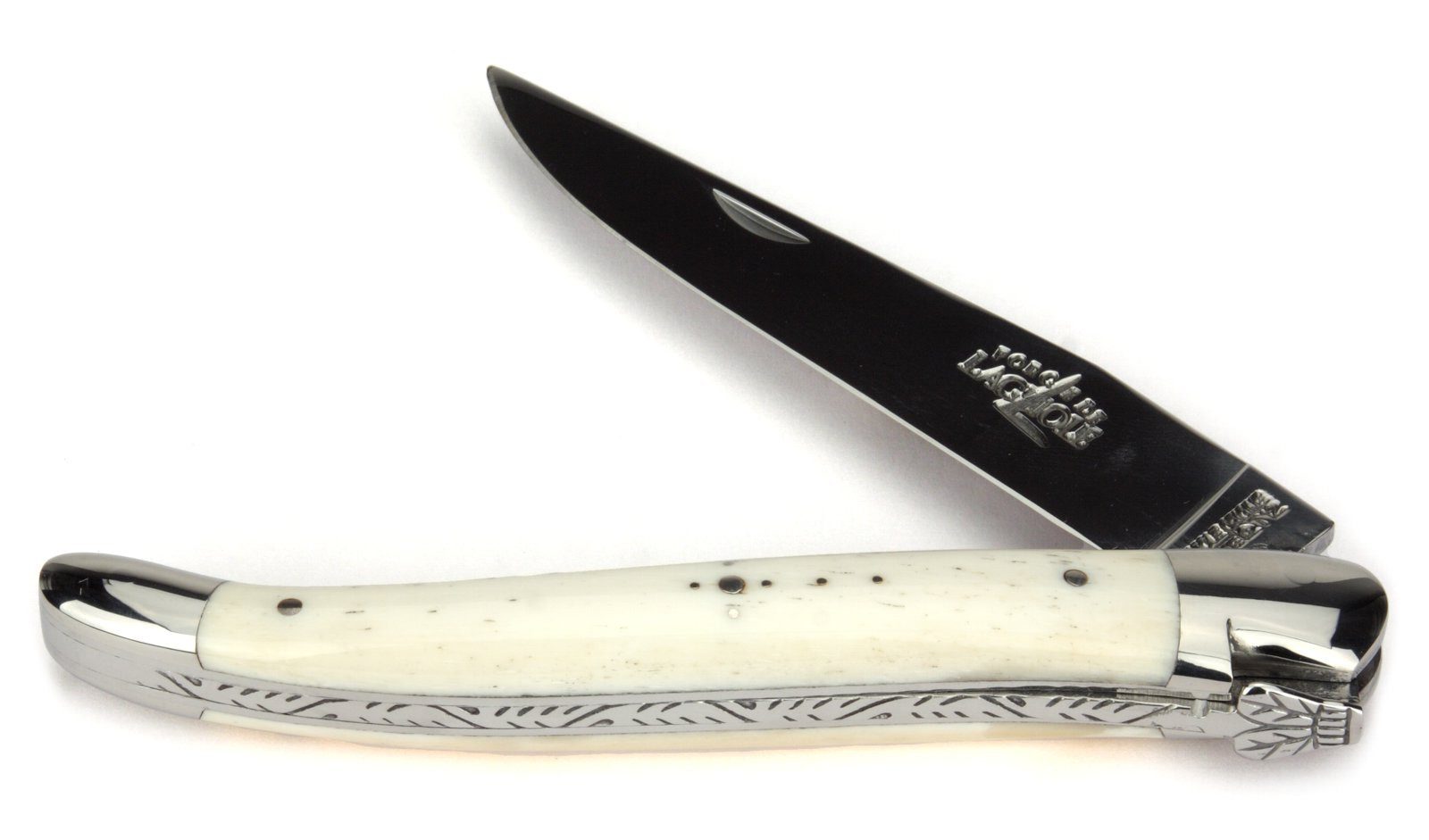 Forge de Laguiole Taschenmesser 1212 IN OS BRI, Griff 12cm Rinderknochen - Feder verziert - Stahl glänzend