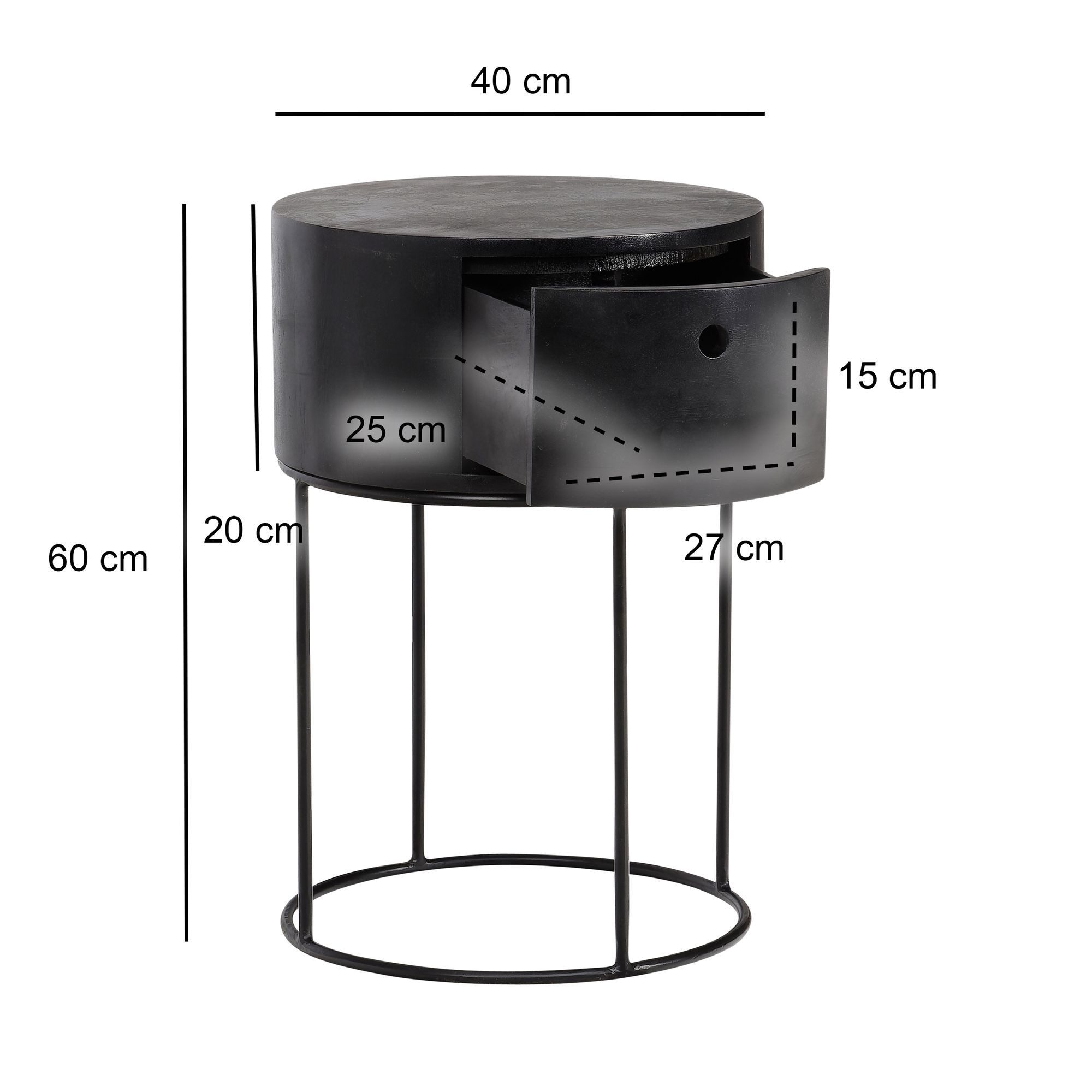 FINEBUY Nachttisch FB56320 Nachtkonsole rund Massivholz Schwarz Schublade Industrial (Mango Massivholz 40x40x60 cm, Boxspringbett), Nachtkonsolen Schublade, Nachtkästchen Stauraum