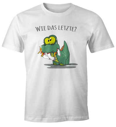 MoonWorks Print-Shirt »Herren T-Shirt Fun Motiv kleiner Dino frisst Einhorn Spruch "Wie das Letzte?" Fun-Shirt lustig Moonworks®« mit Print