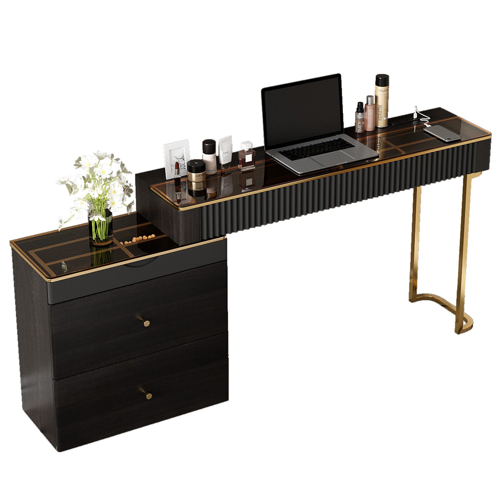 Graceabode Schreibtisch ausziehbarer L-förmiger Home-Office-Schreibtisch mit Glasplatte (1-St), extrem einfach zu montieren, 120x35x75cm