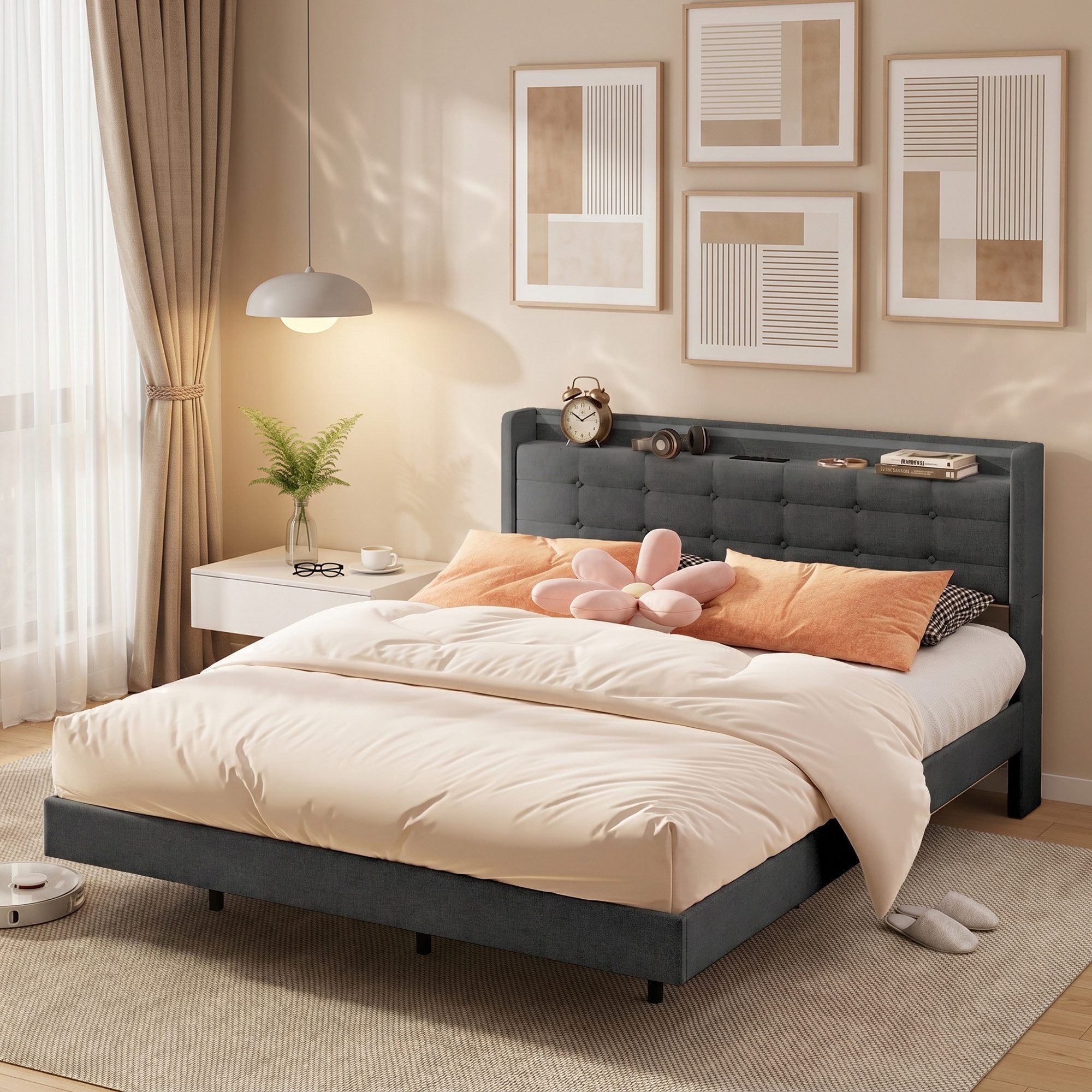 Bealife Polsterbett Einzel- & Doppelbett, Bettgestell mit beleuchtetem Kopfteil & Stauraum (2 Modelle (140x200, 160x200)