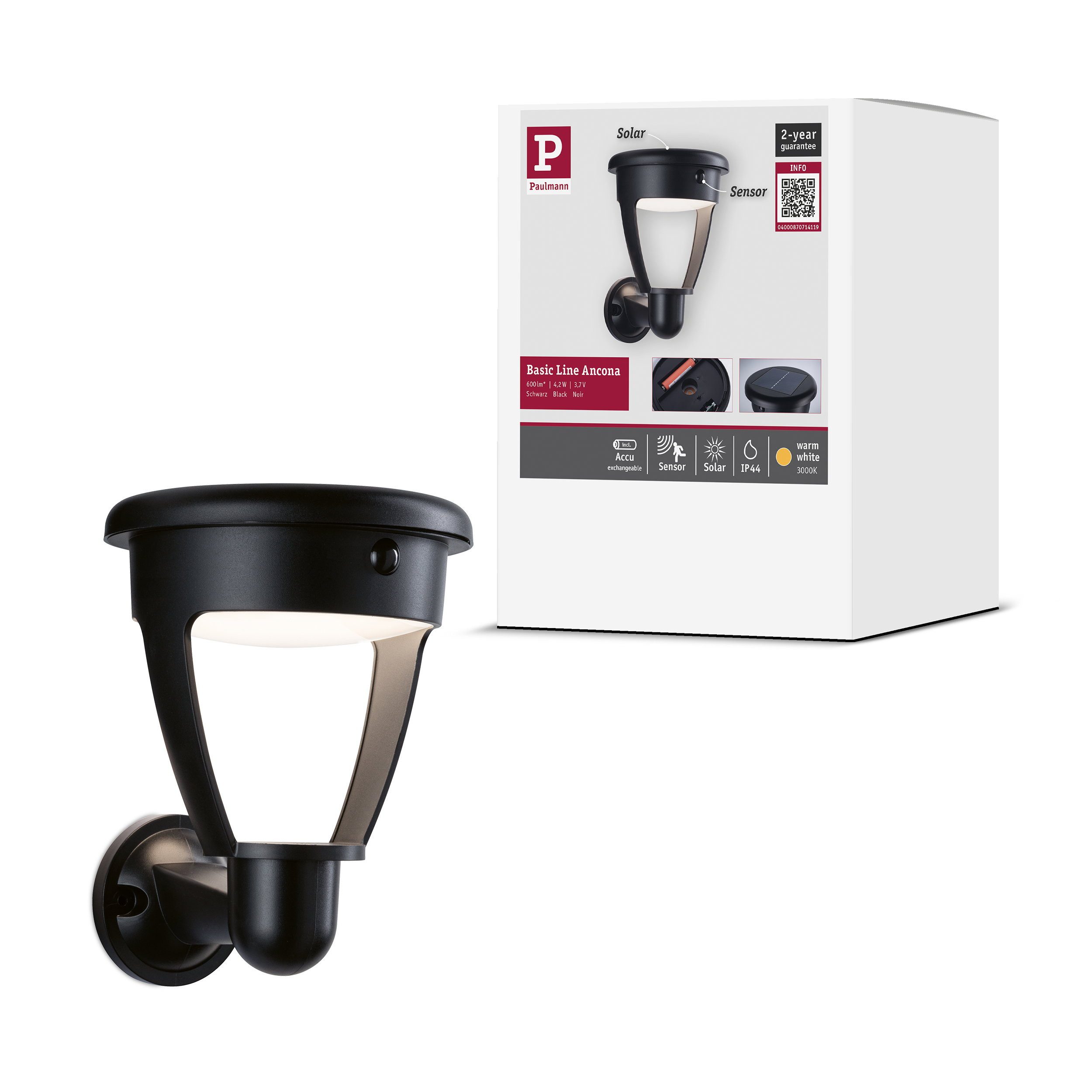 Paulmann LED Wandleuchte Solar LED Außenwandleuchte Ancona IP44 rund 140x188 mm 3000K 4,2W 300l